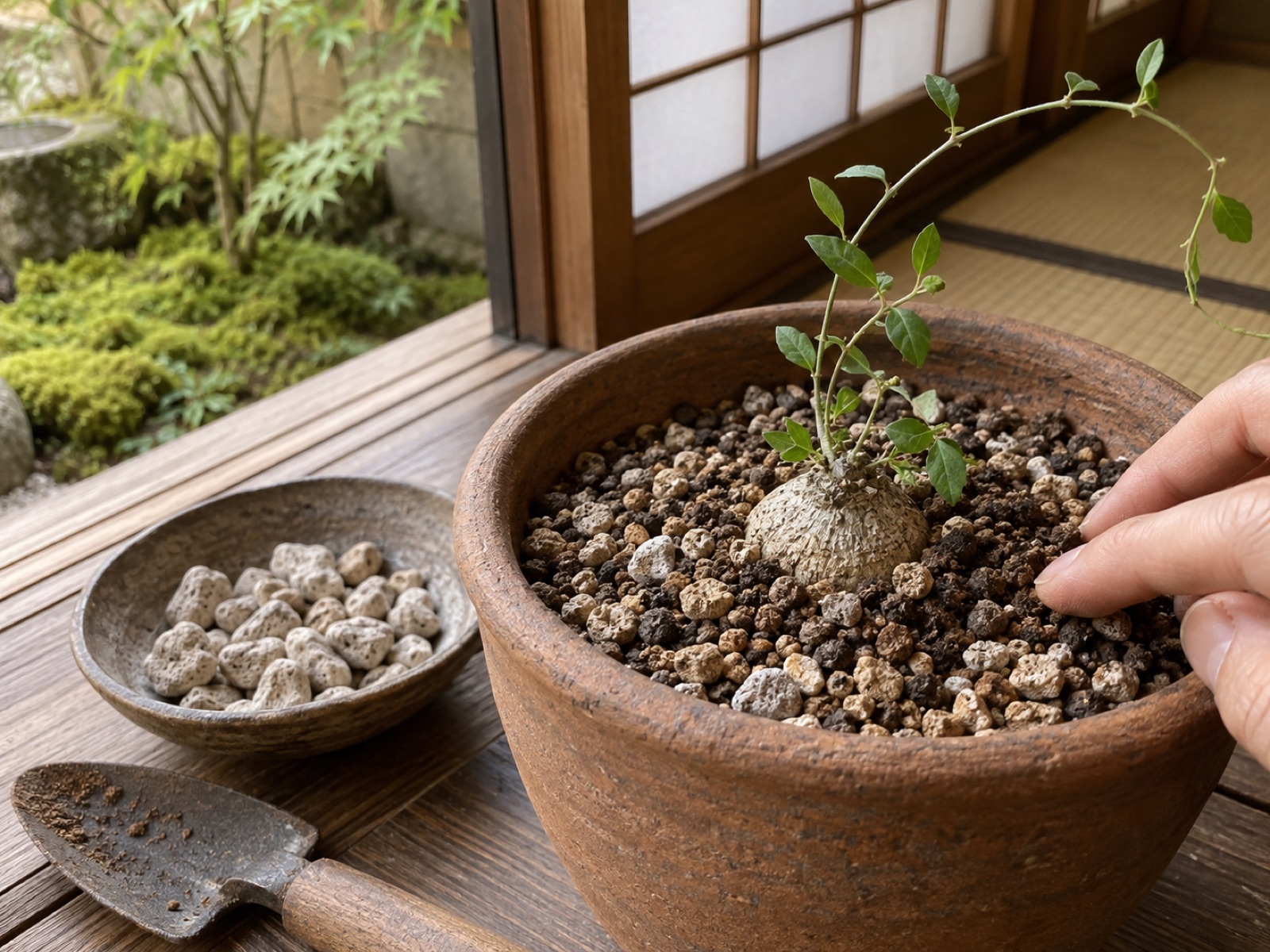 深めの素焼き鉢に、灰白色の塊根を大部分が土に埋まるように植え付けている手元