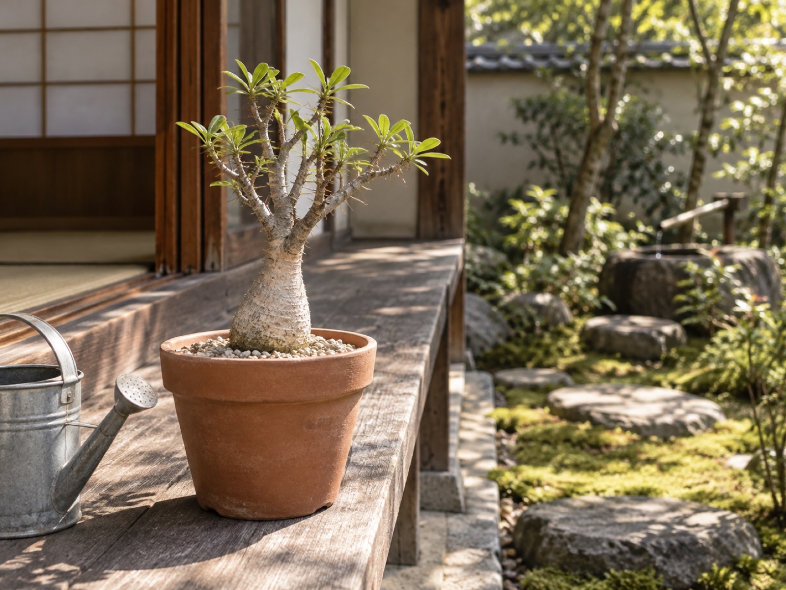 素焼きの鉢に植えたフォークイエリア・ファシクラータの若い株が、日の当たる縁側の棚に置かれ、根元のふくらんだ幹から短い枝を広げて緑の葉をつけている