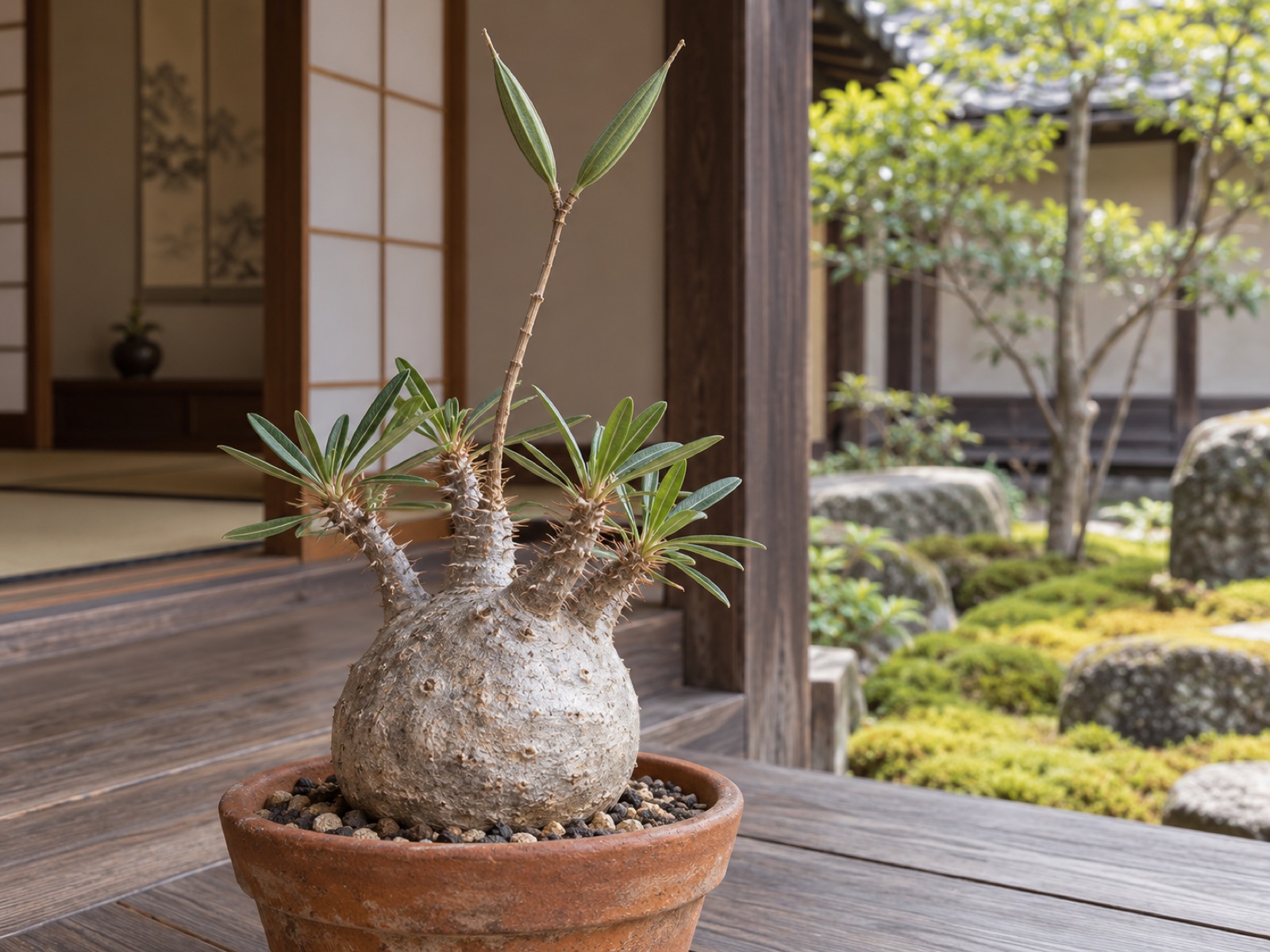 乾いた長い花茎の先で、細長い緑色のさやが2本、角のように左右に開いている。下には丸い銀灰色の幹と枝先の葉