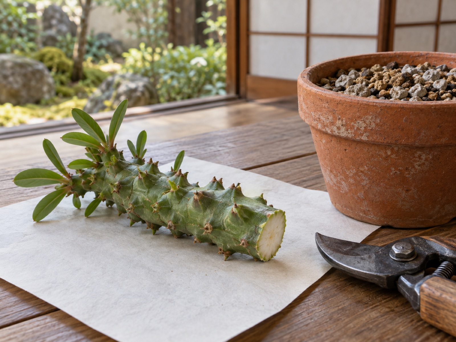 紙の上に置いて切り口を乾かしている、こぶの並ぶモナデニウムの茎。横に乾いた用土を入れた素焼き鉢と剪定ばさみ