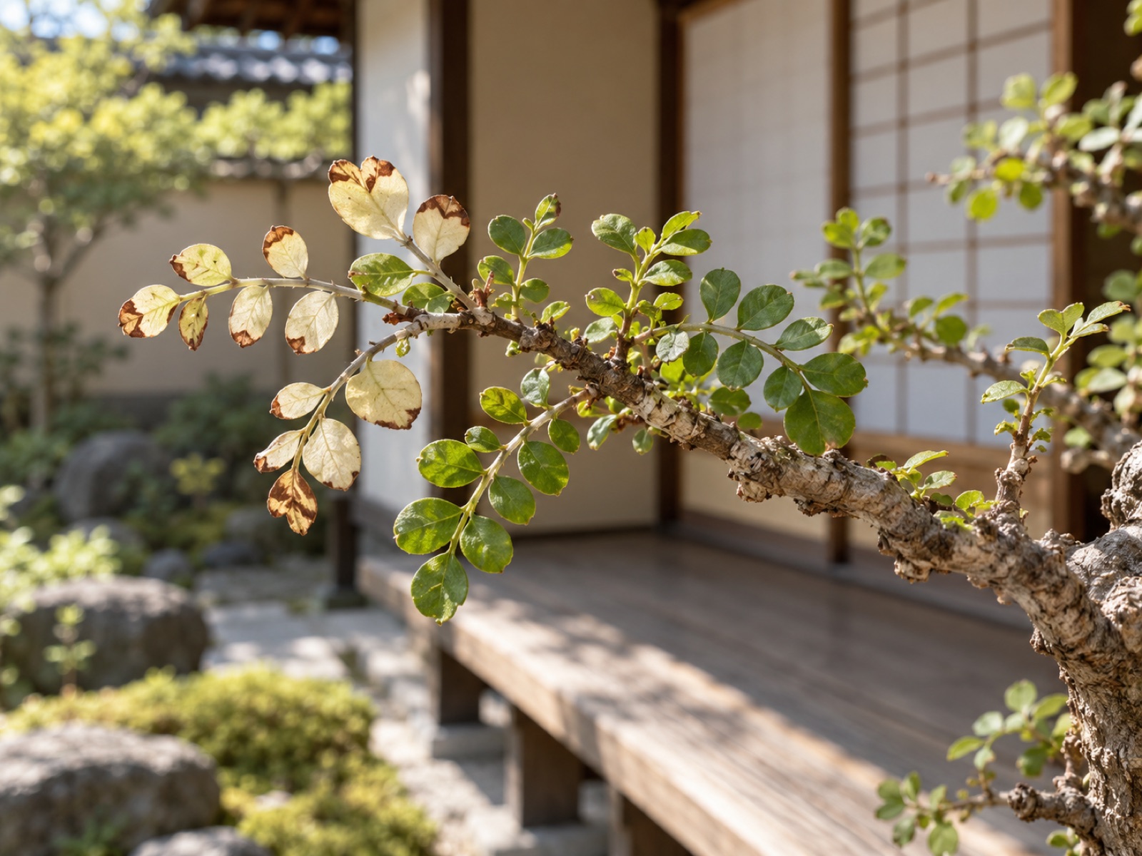 細い枝に羽状に並ぶ小さな丸い葉のうち、数枚が白っぽく抜けて縁が茶色く乾き、残りは緑のまま並んでいるオペルクリカリア・パキプスの枝先
