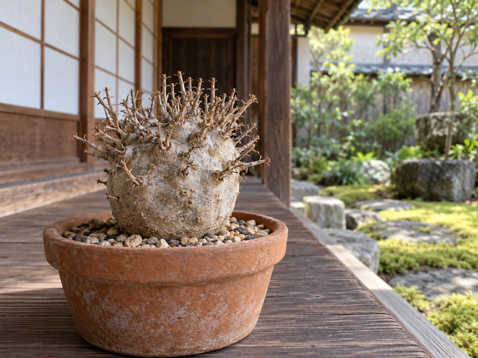葉を落として夏の休眠に入ったオトンナ・ユーフォルビオイデス。トゲに覆われたずんぐりした幹だけの姿で、軒下の明るい日陰に置かれている