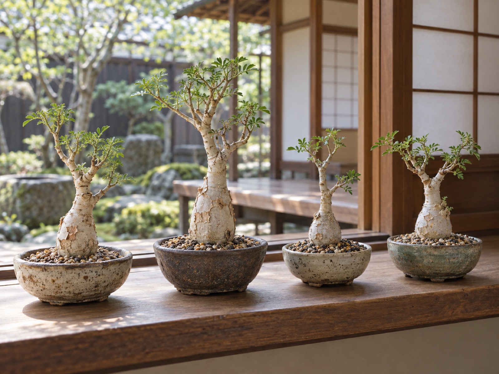 浅い鉢に植わった数年目ほどのパキコルムス・ディスカラーの小株が4鉢並ぶ。根元が徳利のように太り、白っぽい樹皮がうっすらはがれ、枝先に細かい葉がついている