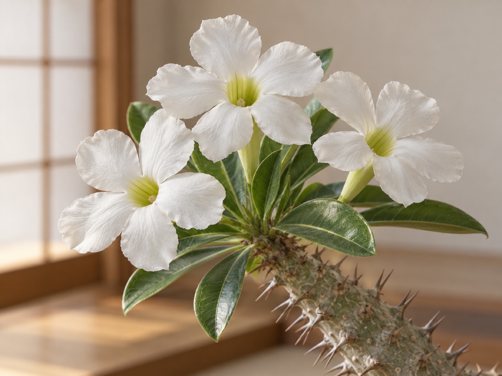 パキポディウム・アンボンゲンセの花。とげのある灰緑色の枝先の葉の間から、中心が淡い黄緑色の白い5弁の花が3輪開いている
