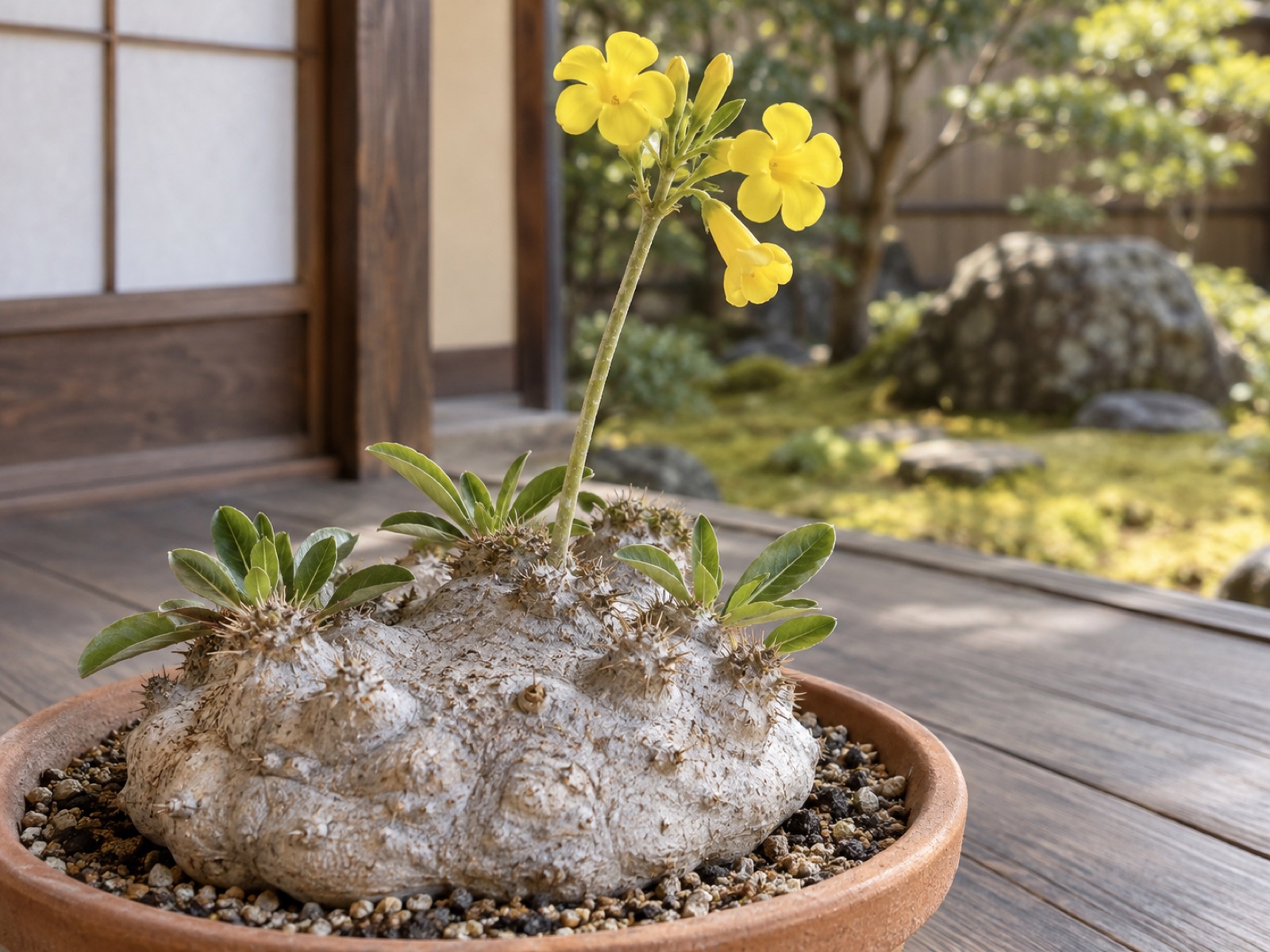 恵比寿笑いの幹の上部。灰色のこぶ状の幹から細い花茎が伸び、先端に明るい黄色の筒状の花がいくつか咲いている