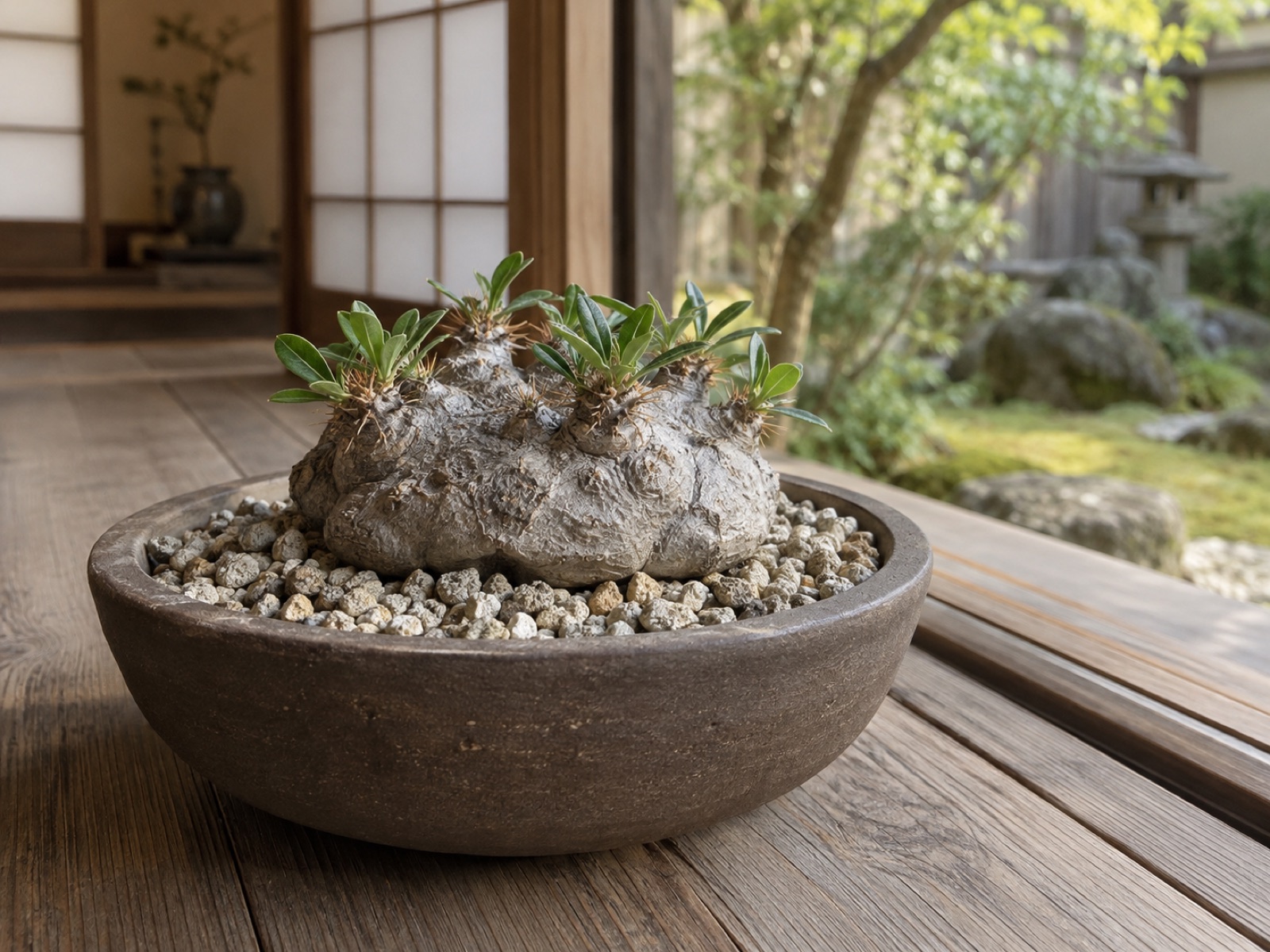 浅く口の広い陶鉢に植えられた恵比寿笑い。粒の粗い軽石まじりの用土の上に、平たく横に広がった灰色の幹が乗っている