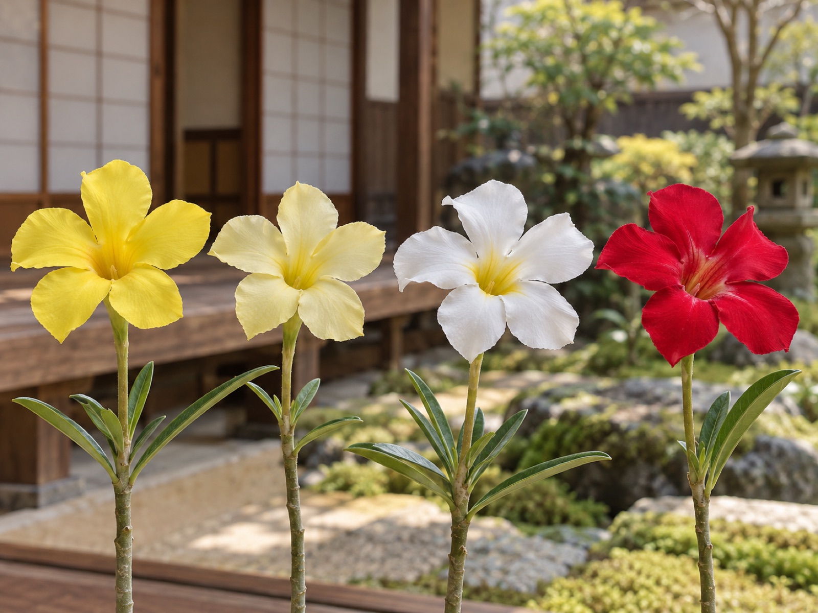 4種類のパキポディウムの花を並べた様子。レモン色の花、淡い黄色の花、中心が黄色い白い花、鮮やかな赤い花がそれぞれ細い花茎の先に咲いている