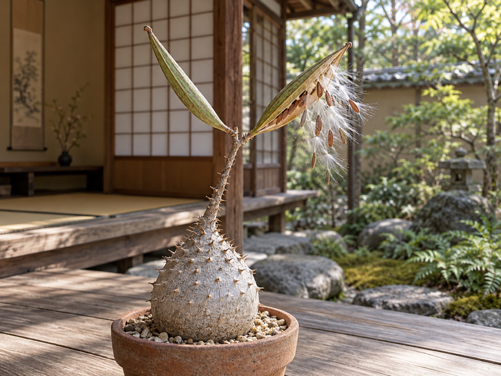 丸い灰色の幹から伸びた茎の先で、細長いさやが2本、角のように左右に開き、片方は裂けて白い綿毛のついた種がこぼれている