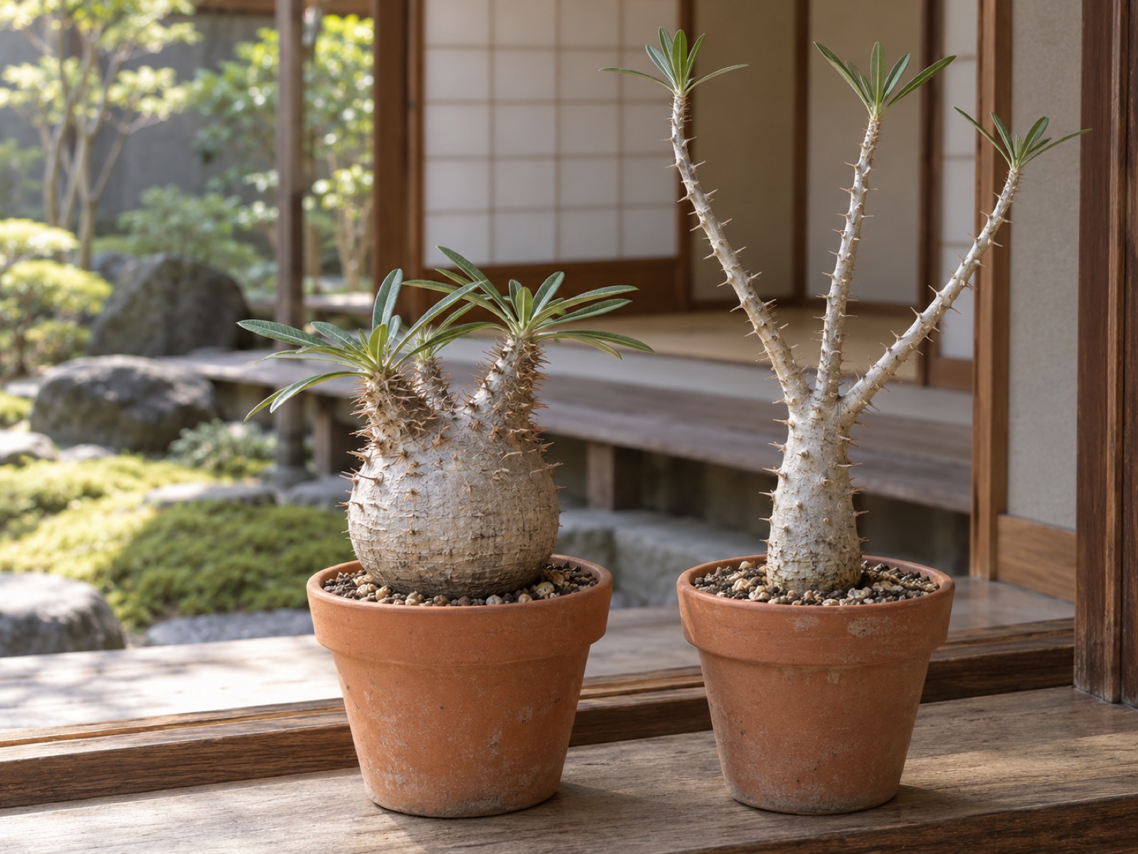 小さな素焼き鉢に植わった2株のグラキリス。左は幹が丸く締まり、短い枝に棘が詰まって並ぶ。右は幹が細く、枝が長く伸びて棘の間隔が広い