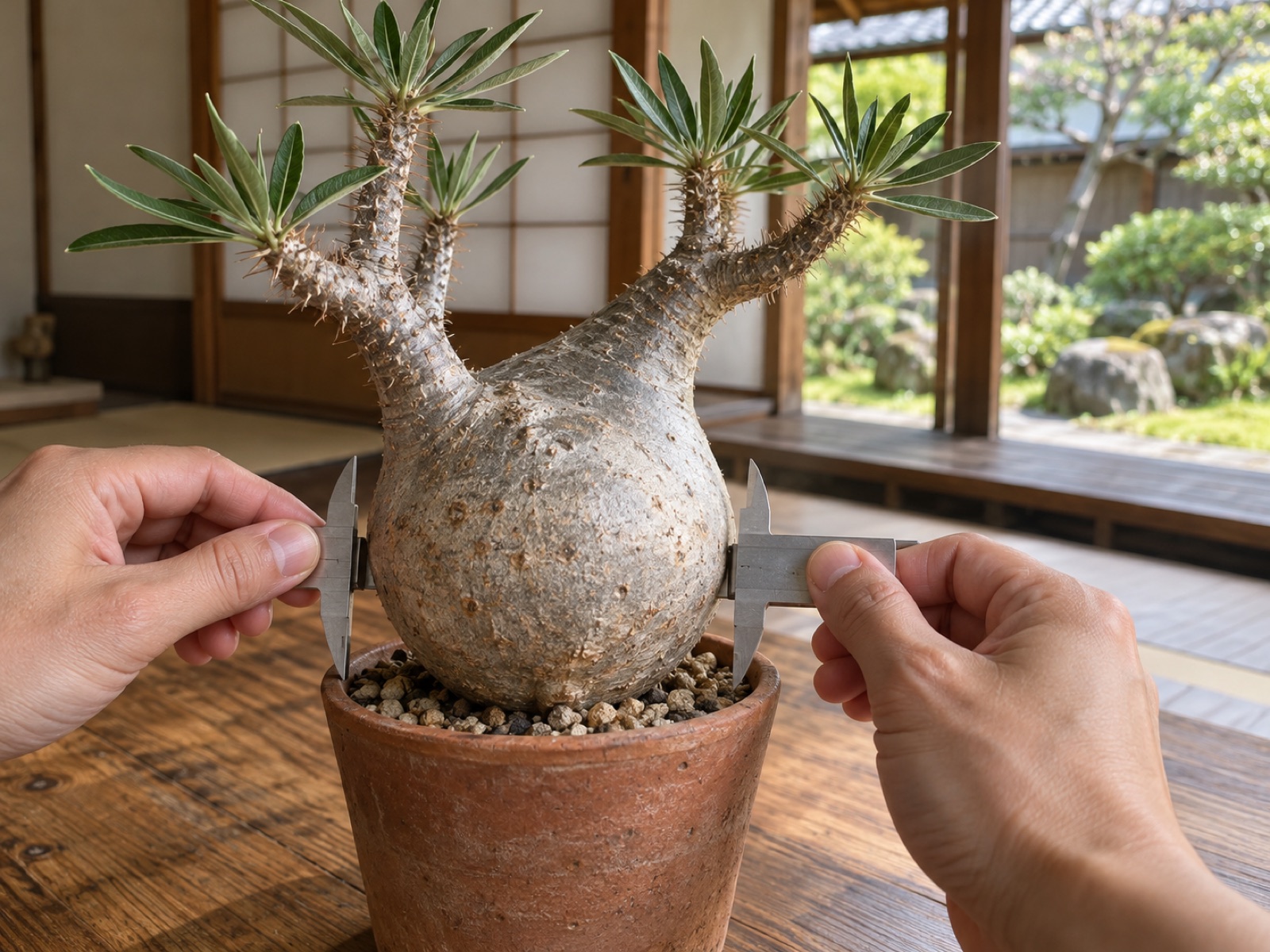 木の台の上で、素焼き鉢のグラキリスの丸い幹のいちばん太い部分を、手に持ったノギスで測っている