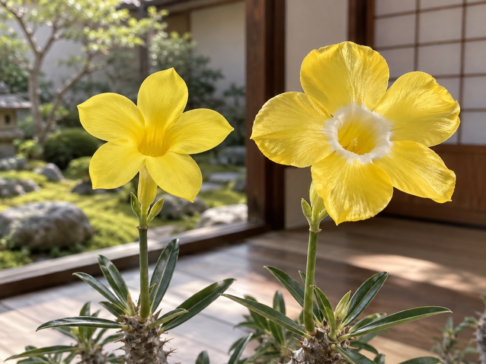 2輪のパキポディウムの花を並べた様子。左は中心まで黄色一色の細身の花、右は大きめの黄色い花の中心に白い輪が入っている