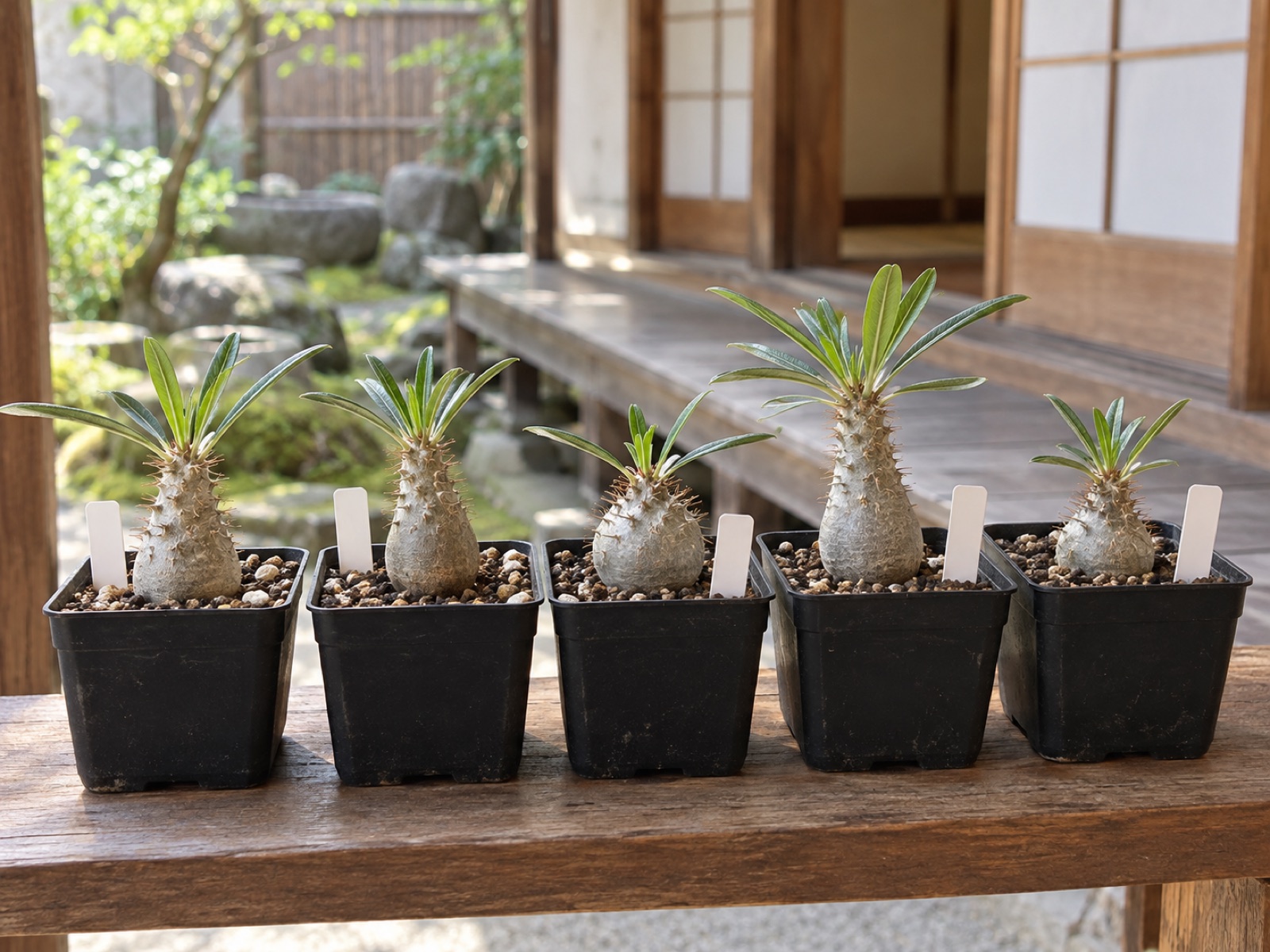 黒い角鉢に植えられたパキポディウムの実生苗が5つ並ぶ。どれも根元が灰色にふくらみ、丸いものからとっくり形のものまで少しずつ形が違い、先に細い葉が集まっている