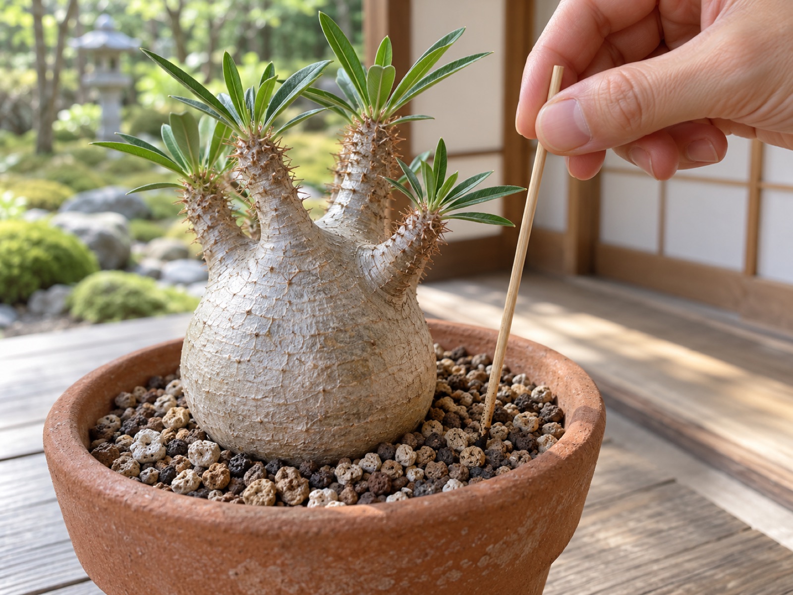 素焼き鉢に植えたパキポディウム・グラキリスの用土に細い竹串を挿し、抜きかけている手元
