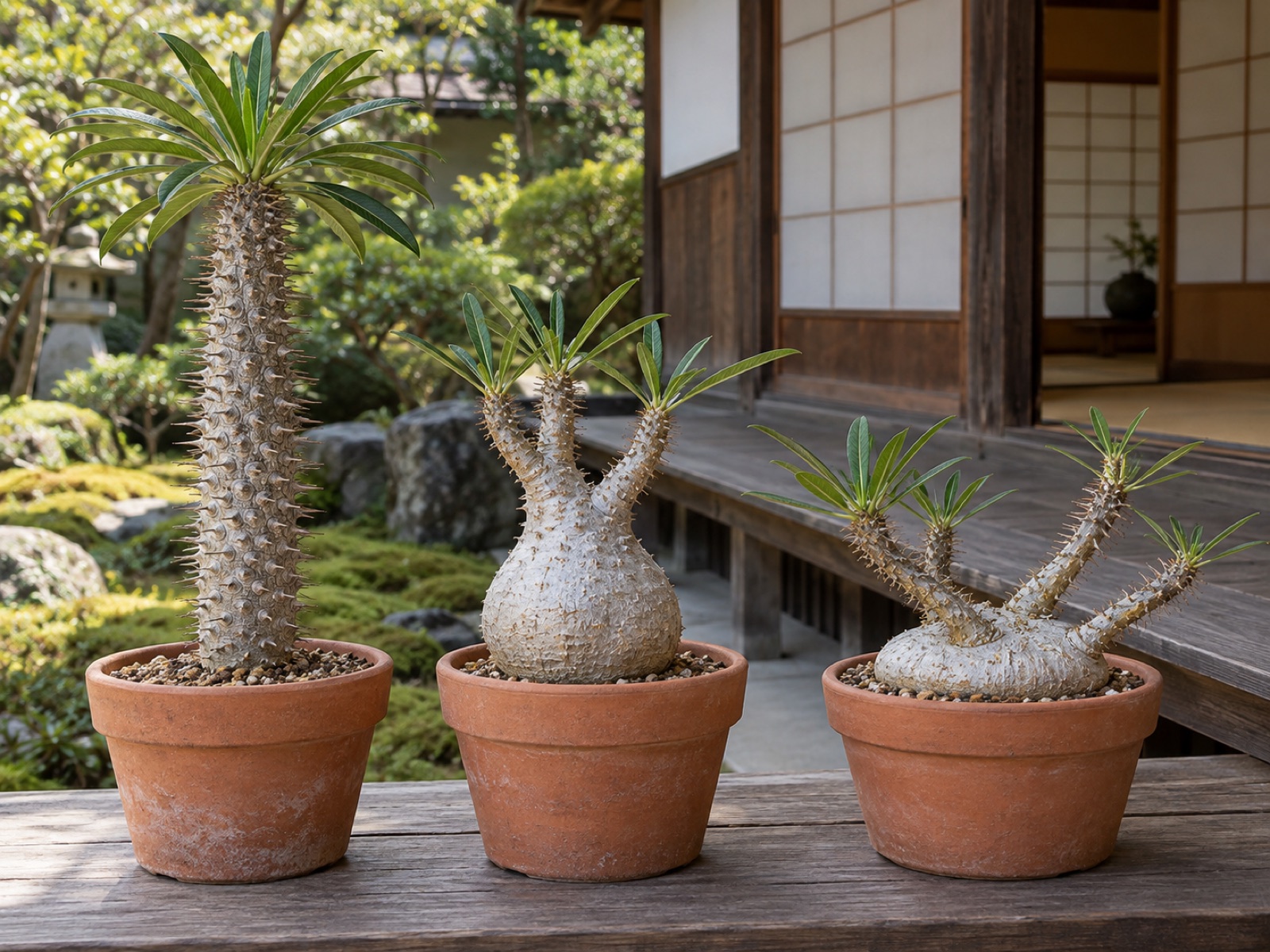 素焼き鉢に植えられた3種類のパキポディウムを並べた様子。左は棘のある柱のような幹がまっすぐ伸びたラメリー、中央は銀白色のとっくり形の幹から短い枝が出たグラキリス、右は地際の平たく丸い白い塊根から棘の枝を広げたサンデルシー