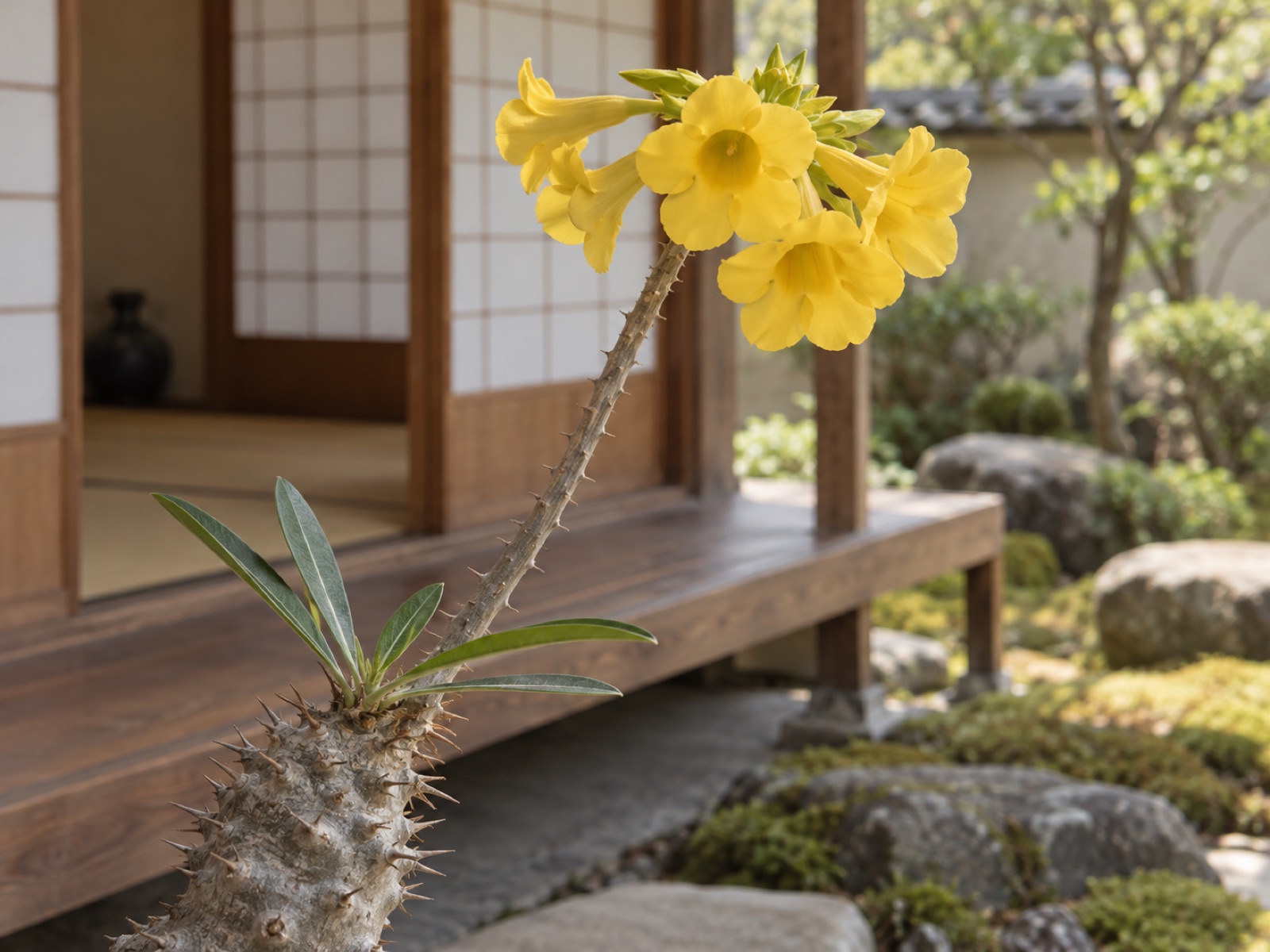 パキポディウム・ホロンベンセの花。とげのある灰色の幹から長い花茎が伸び、先端に大きく開いた黄色い花がいくつもまとまって咲いている