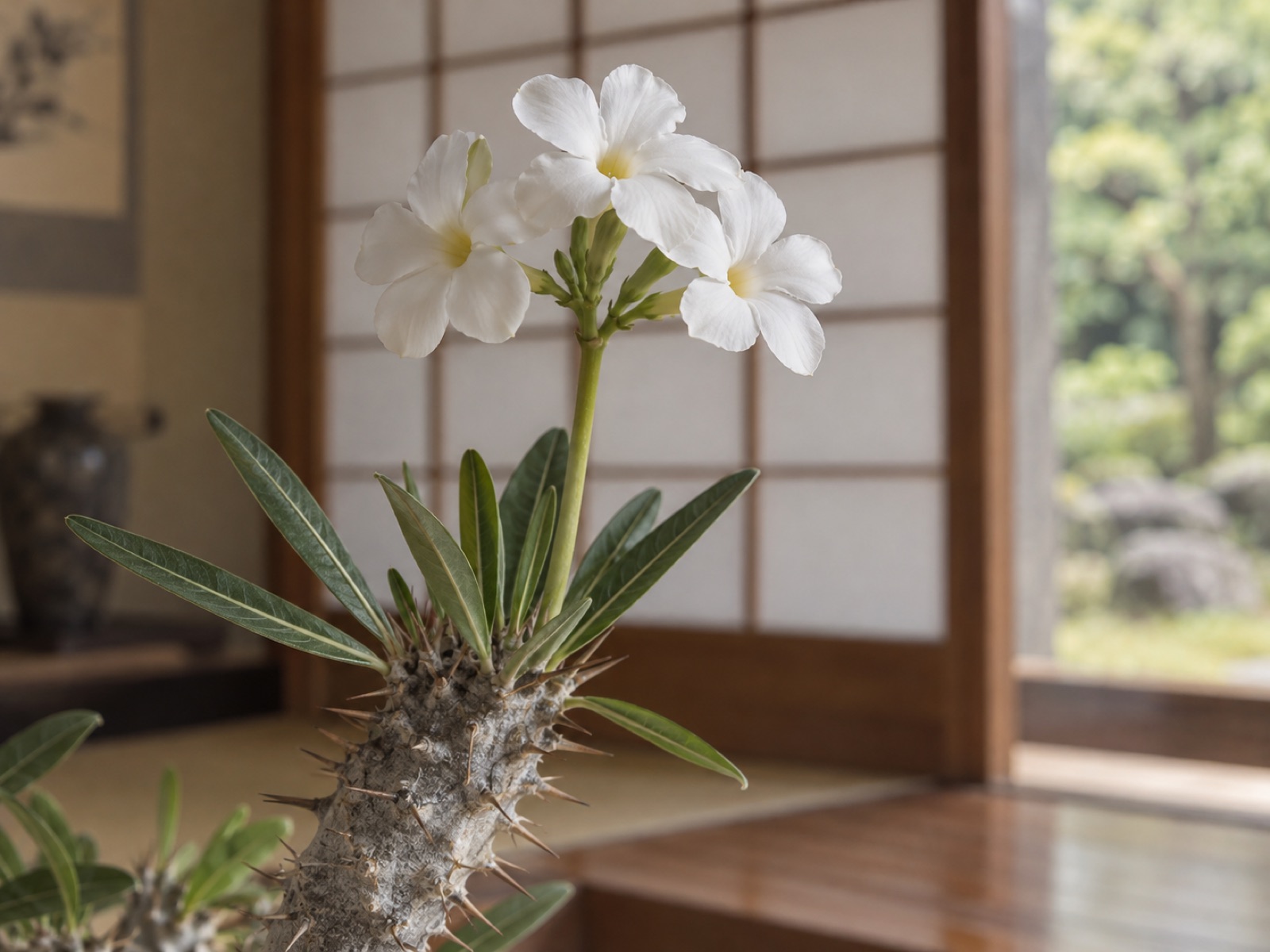 パキポディウム・イノピナツムの花。とげのある灰色の枝先の葉の上に細い花茎が伸び、先端に中心がわずかにクリーム色の白い5弁の花が3輪まとまって咲いている
