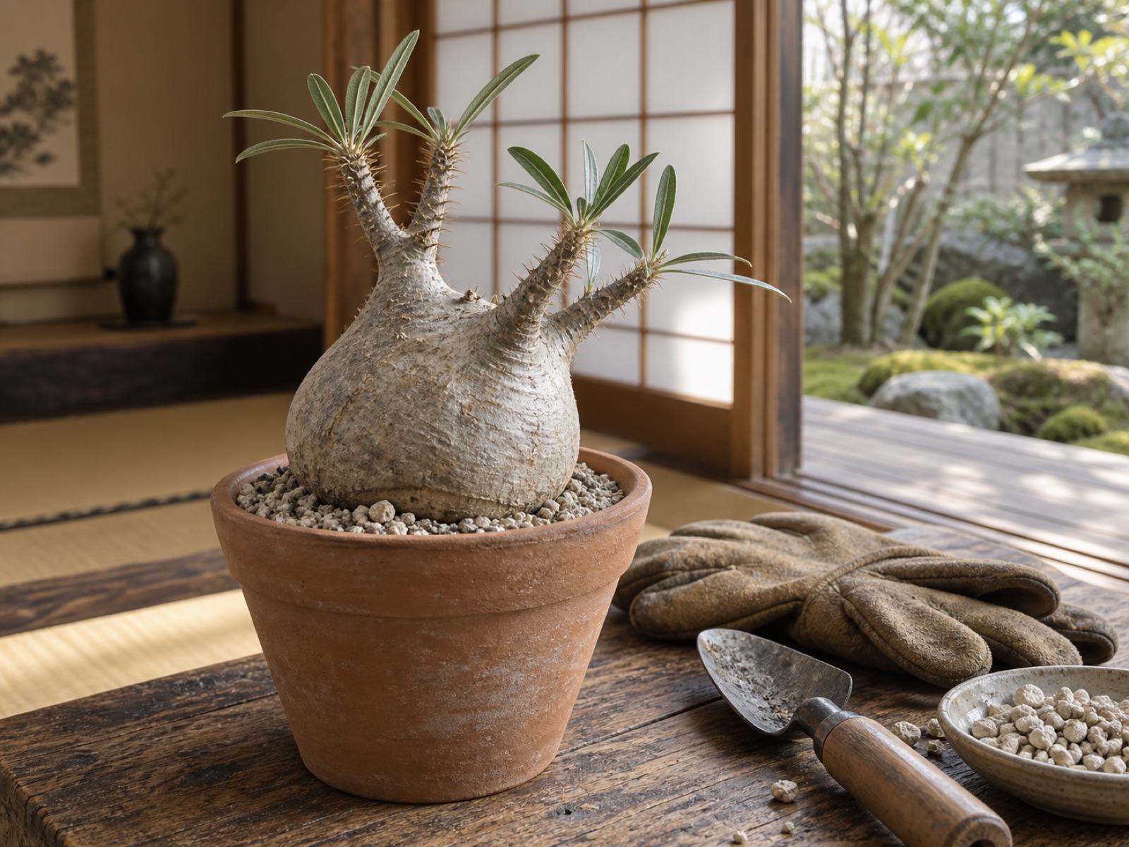 素焼き鉢に浅く植えたパキポディウム。膨らんだ幹の下端が土の上に出ている