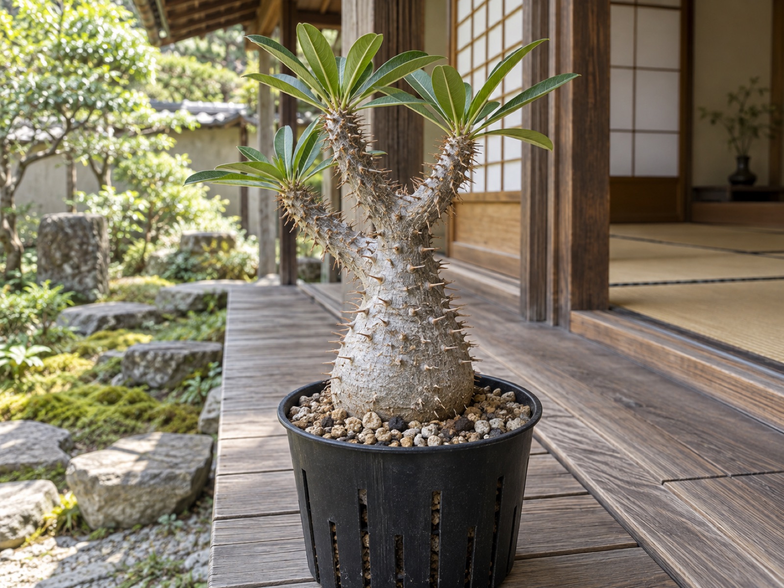 スリット鉢に浅く植え直したパキポディウム。銀灰色にふくらんだ幹の下端が粒の粗い乾いた用土の上に出ていて、軒下の明るい日陰に置かれている