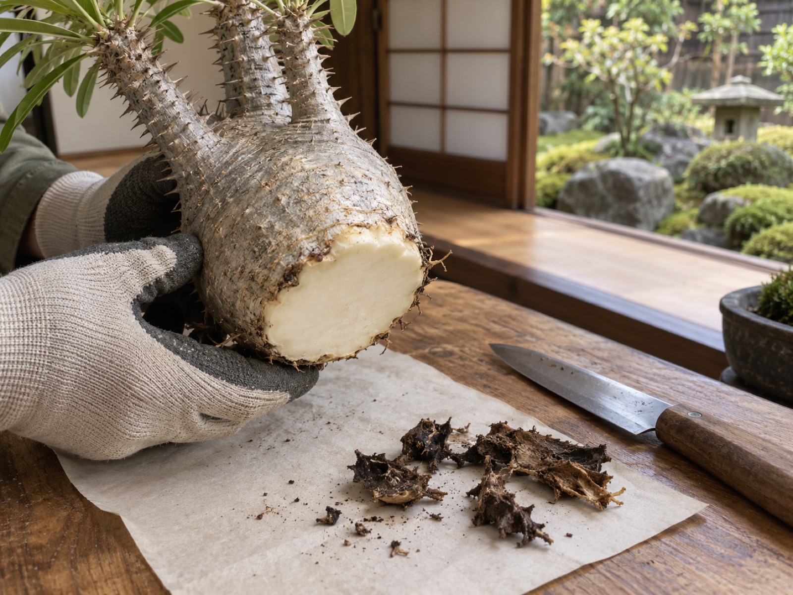 パキポディウムの幹の根元を切り戻したあとの断面。白っぽく締まった健全な組織が出ていて、横に切り取った茶色い組織が置かれている