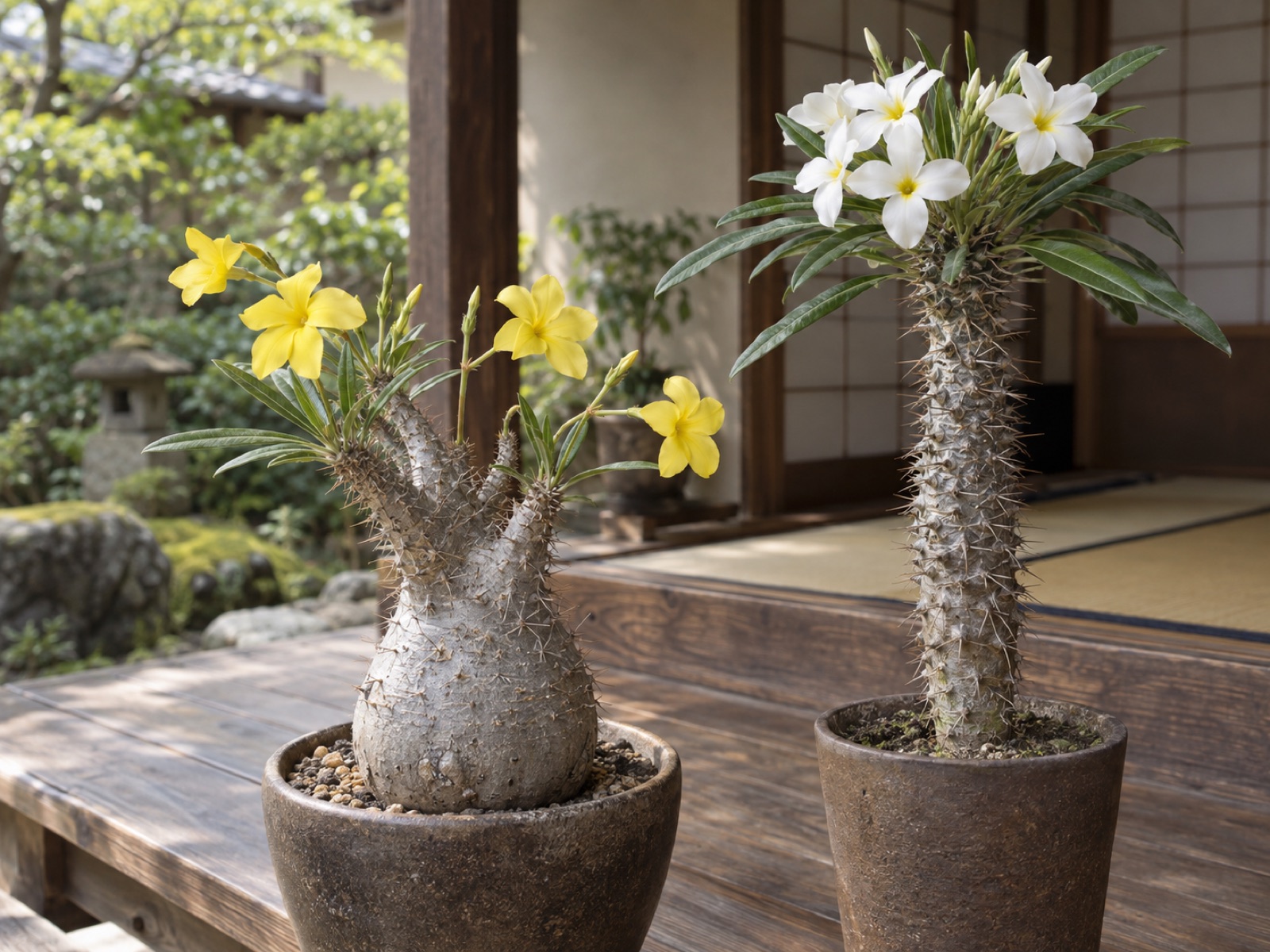 木の縁側に並ぶ2つの鉢。左はふくらんだ銀灰色の幹から伸びた細い花茎に黄色い5弁の花が咲くパキポディウム、右は棘の並ぶ柱状の幹の頂で、長い葉のあいだに中心が黄色い白い花が咲くパキポディウム