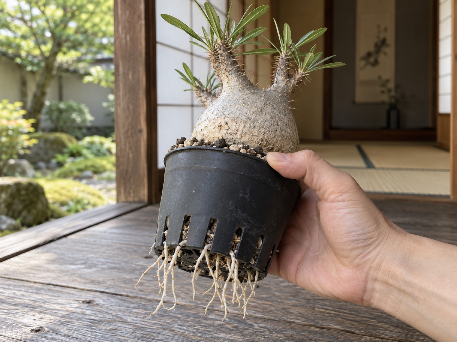 スリット鉢を片手で持ち上げ、鉢底の穴から白い根が何本もはみ出しているのを見せる手元