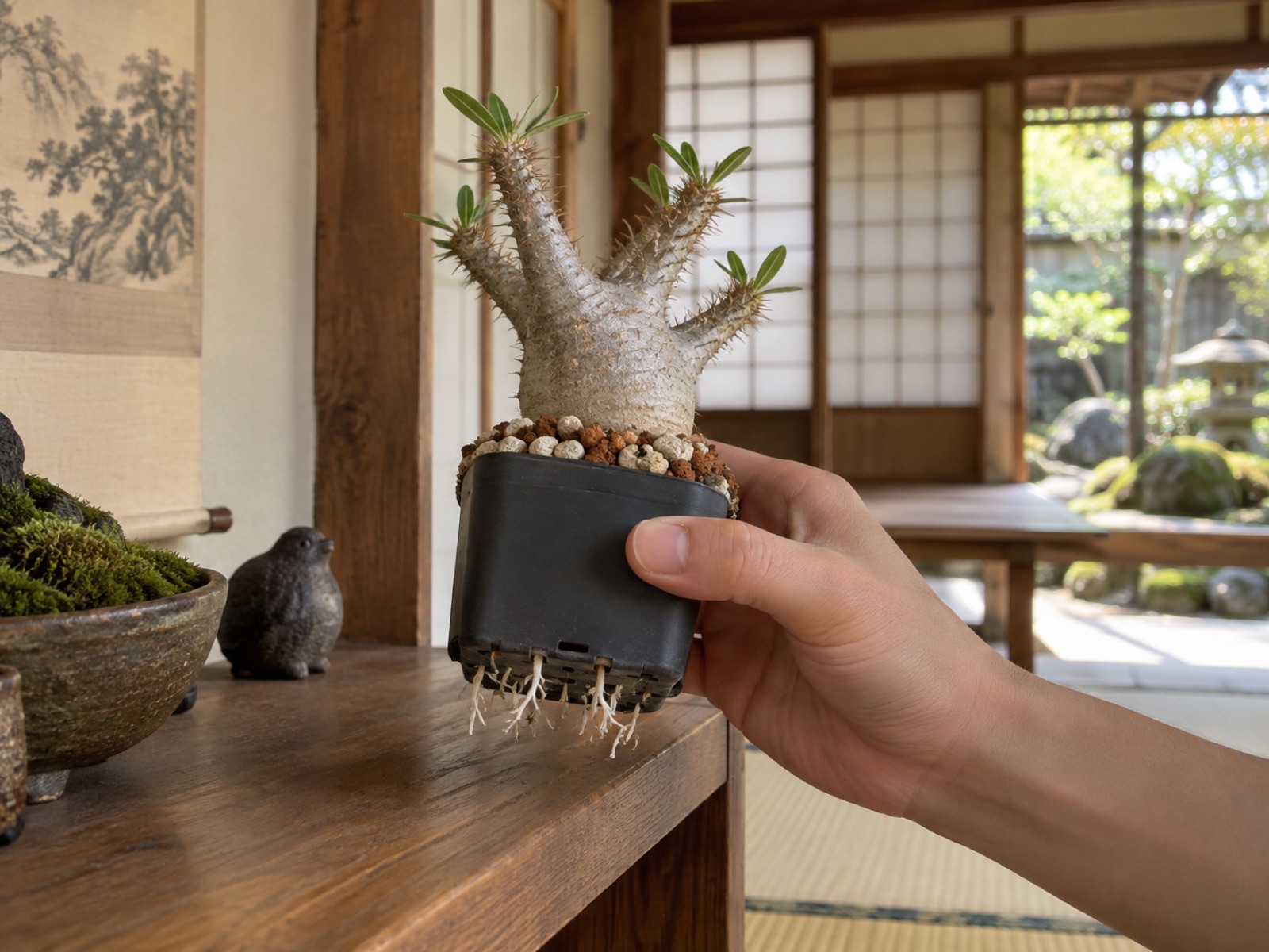 浅く植えた塊根植物の鉢を持ち上げ、鉢底の穴から白く細い新しい根がのぞいている様子