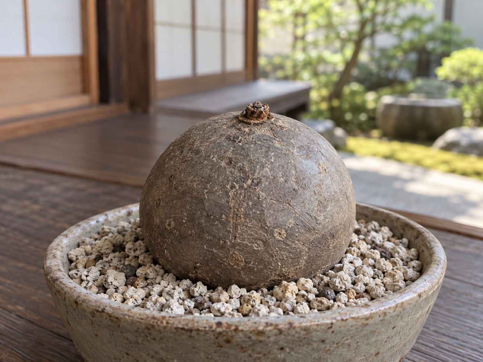浅い鉢の軽石の上にのせた、根のないなめらかな丸い球。頂点に小さな木質の突起がある