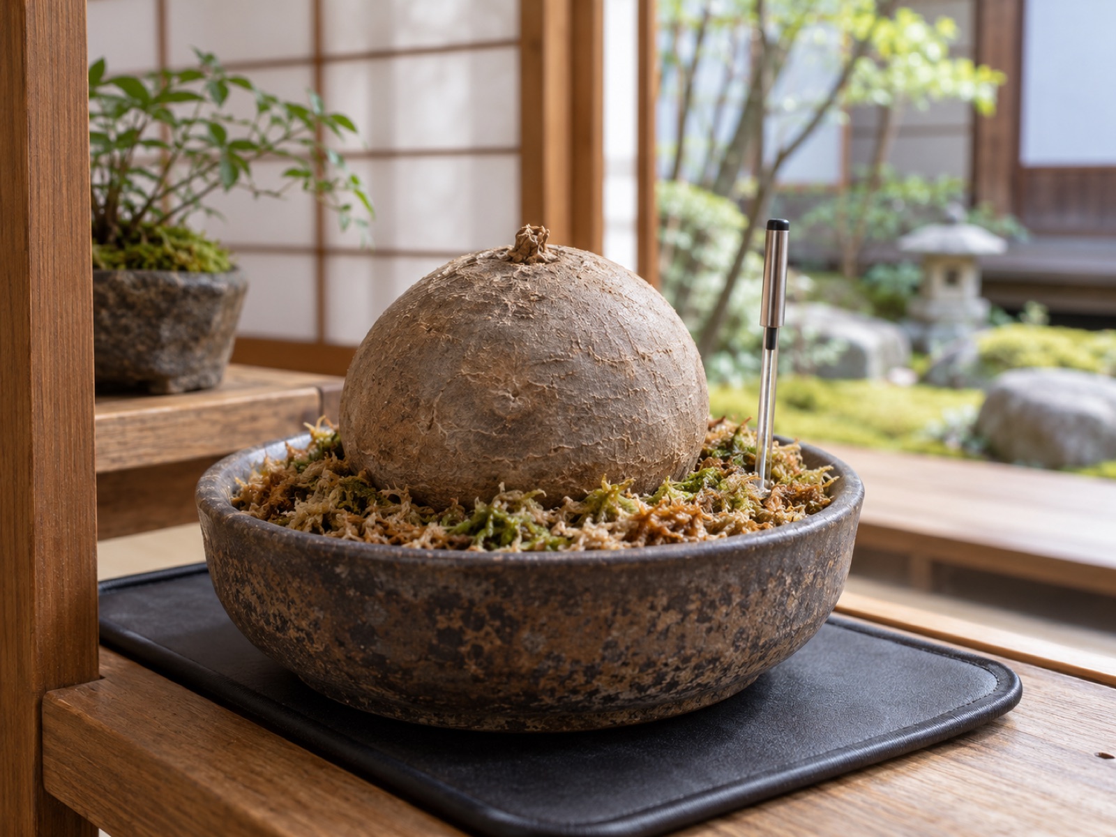 浅い鉢に敷いた水苔の上に、根も葉もない丸い灰褐色の球を置き、そばに細い温度計を差している。鉢はヒーターマットの上にある