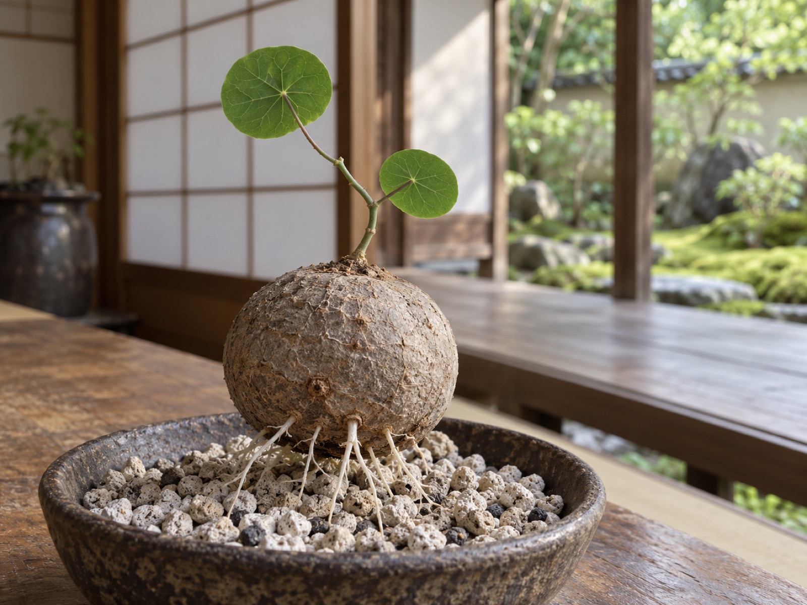 丸い灰褐色の球の底から、白く細い新しい根が何本も出ている。頂点からは短い蔓が伸び、丸い葉が2枚開いている