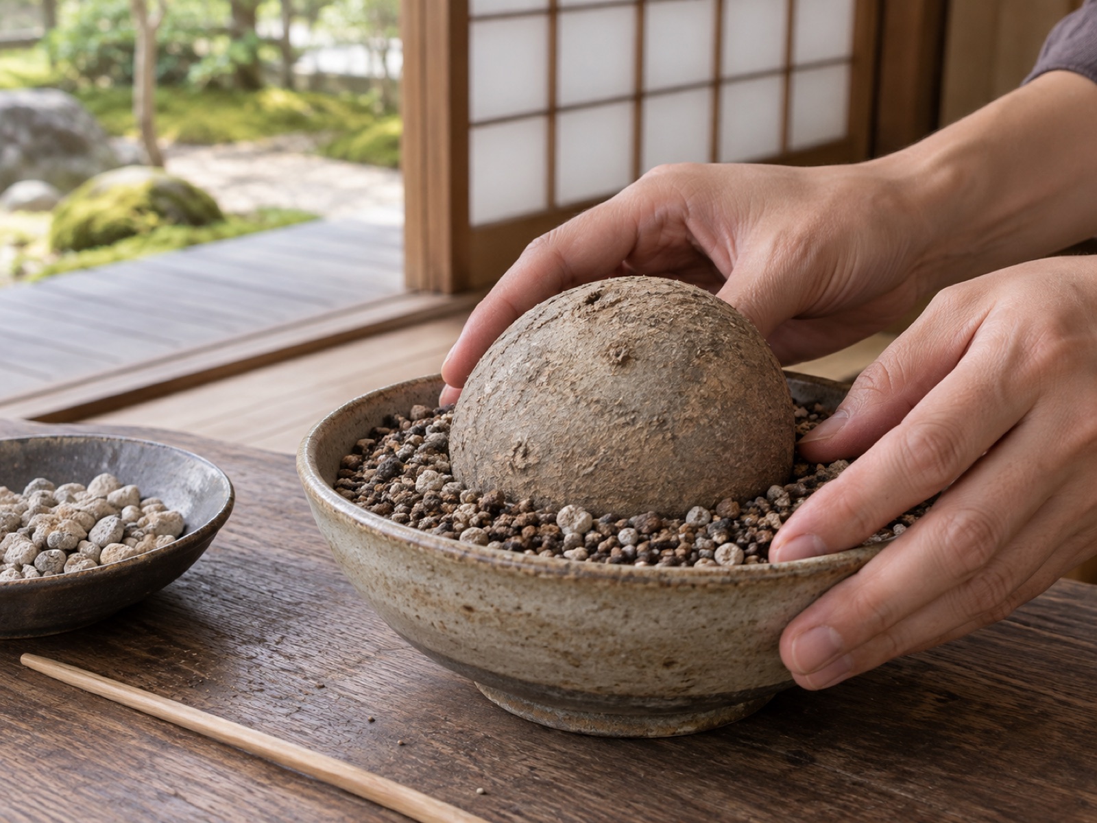 丸い塊根を、上半分が土の上に出るように浅い鉢へ植え付けているところ