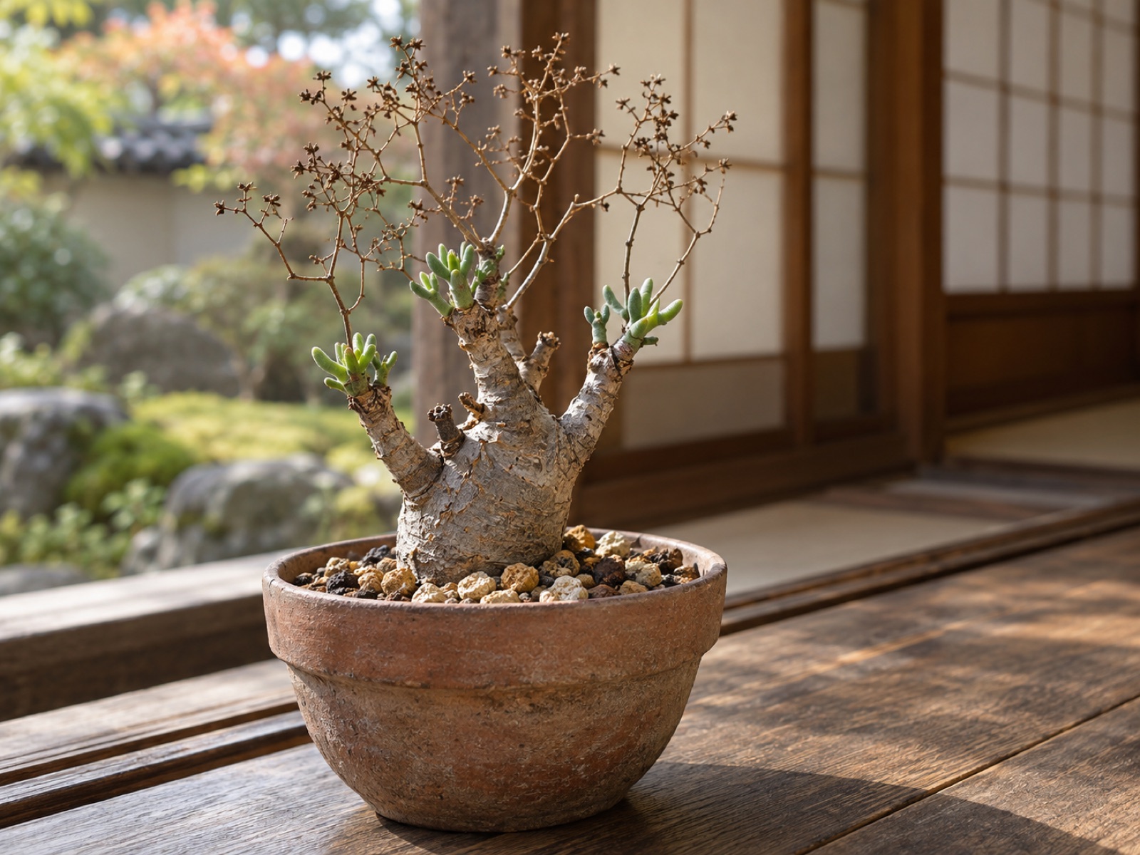 粗い軽石の用土に浅く植えた万物想。灰褐色の短い幹の枝先に、指のような小さな緑の葉が出はじめている