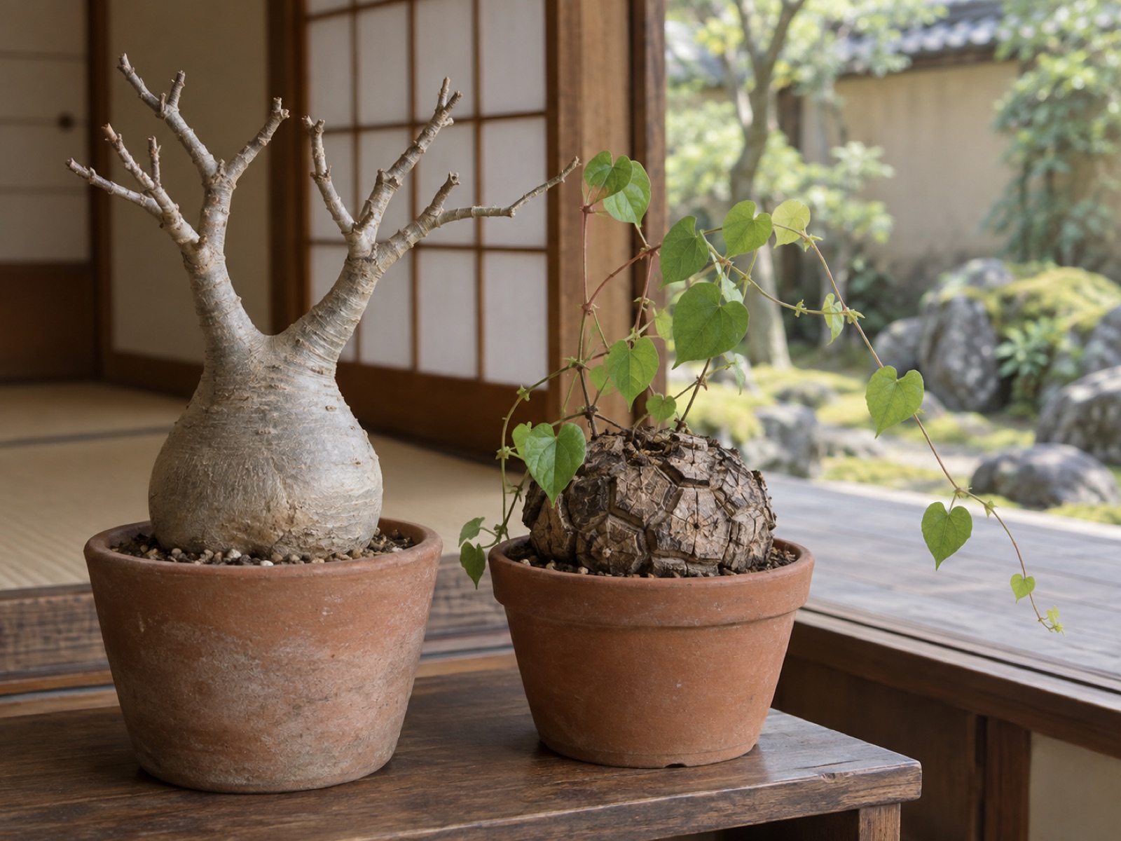 縁側の棚に並んだ2鉢。左は葉を落として枝だけになった夏型の塊根植物、右はひび割れた塊根からハート形の葉を茂らせた亀甲竜
