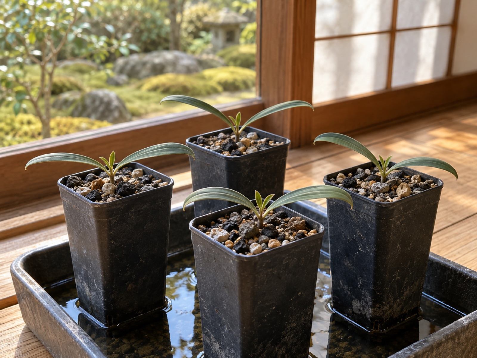 細長いポットに1本ずつ植えた奇想天外の実生苗。細長い子葉2枚の間から小さな本葉が出はじめ、浅いトレーの腰水に並んでいる