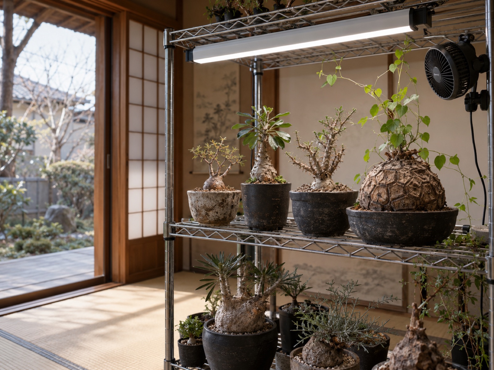 スチールラックの棚に育成ライトと小さなサーキュレーターを付け、塊根植物の鉢と蔓を伸ばした亀甲竜を並べた室内