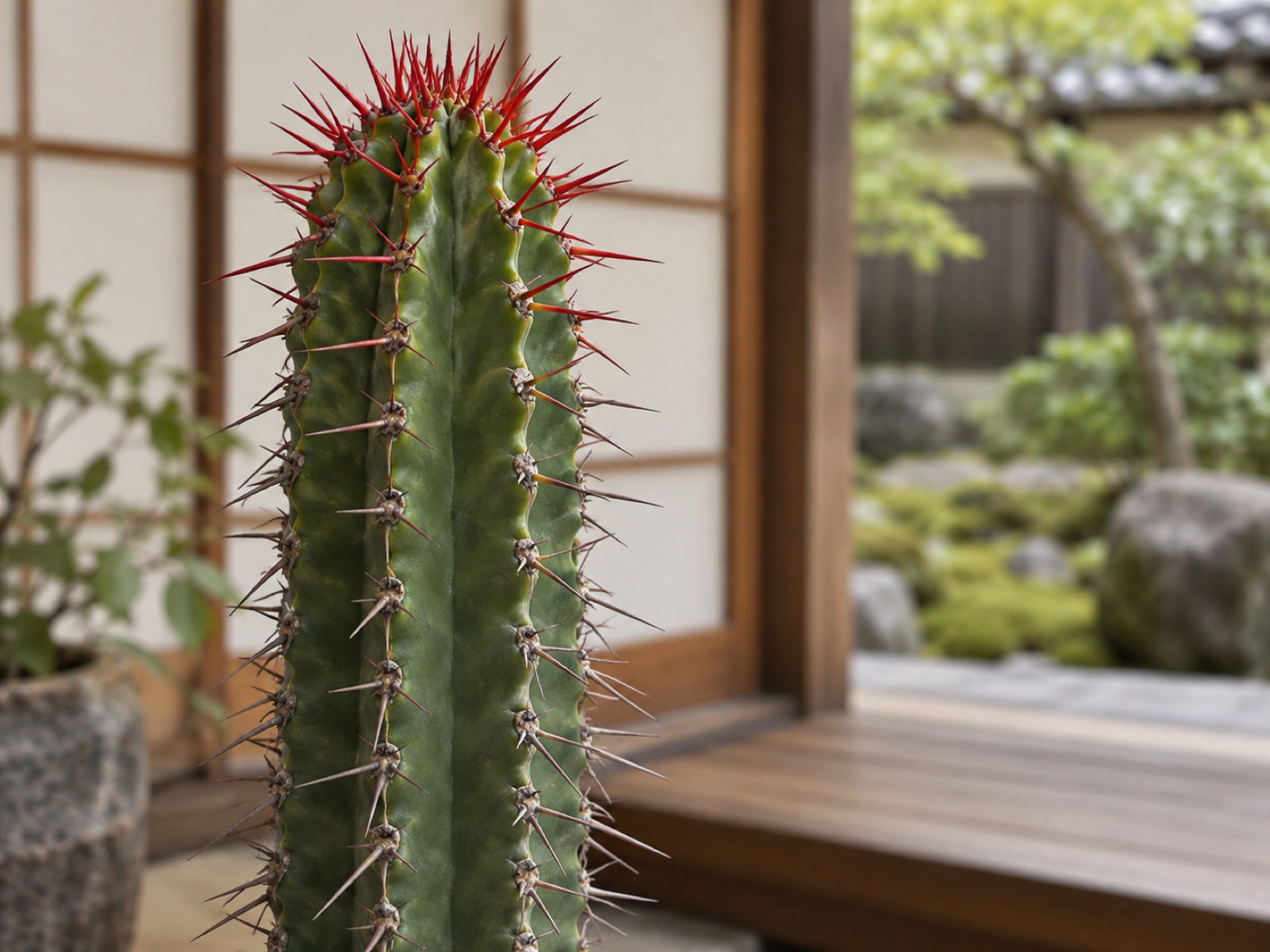 紅彩閣の茎の先端。新しいとげは鮮やかな赤で、下の古いとげは灰色がかった茶色に落ち着いている