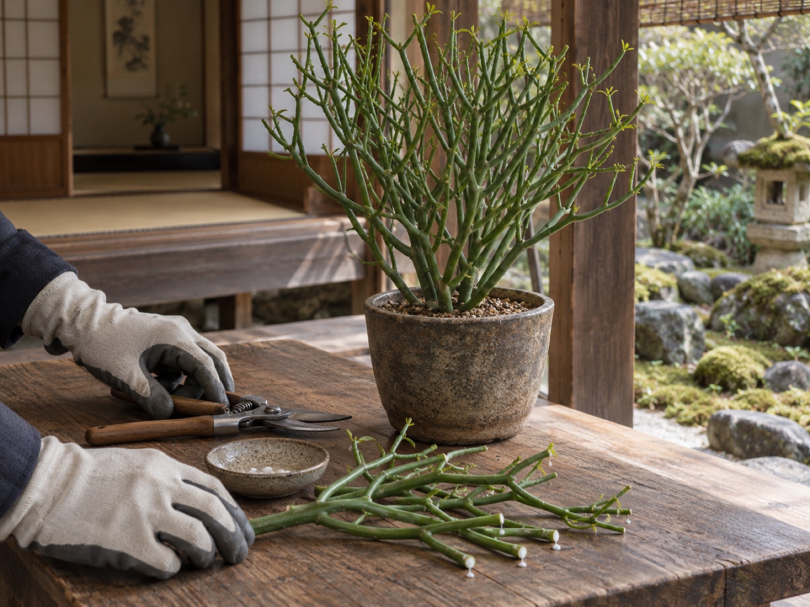 ゴム手袋をはめた手元が、細い枝の茂る低木状のユーフォルビアの鉢の横に剪定ばさみを置いている。作業台には切り落とした枝が並び、切り口から白い乳液がにじんでいる