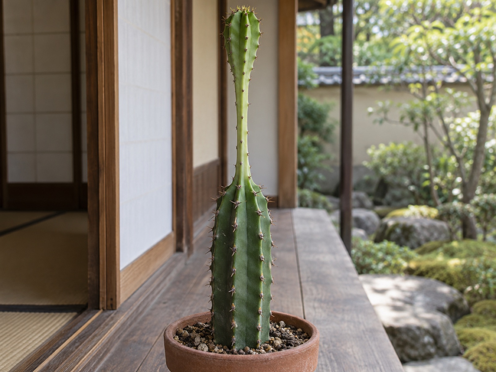 稜のある柱状のユーフォルビア。下半分は太く濃い緑で、途中から急に細くくびれて色が淡くなり、先端はまた太さが戻りかけている