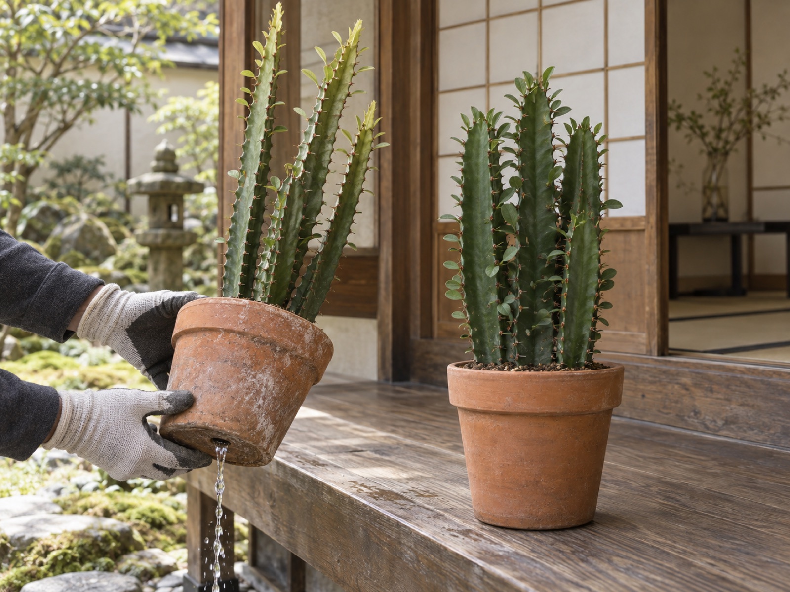 先端が細く淡い色に間延びした柱状のユーフォルビアの鉢を手袋をした手で傾け、鉢底から水を流している。隣には同じ種類の締まった濃緑の株が並ぶ