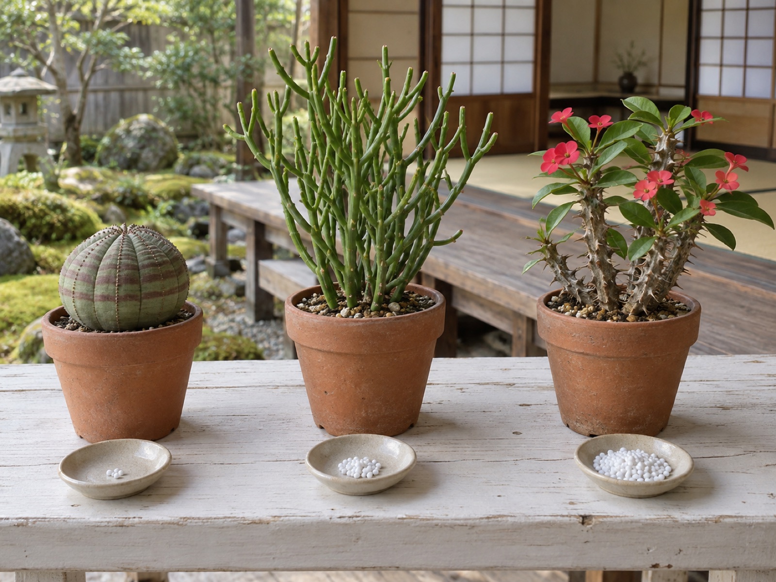 素焼き鉢に植えた球形のオベサ、細い枝のミルクブッシュ、赤い花のハナキリンを並べ、それぞれの前の小皿にごく少量・少し・多めの白い粒を置いた様子