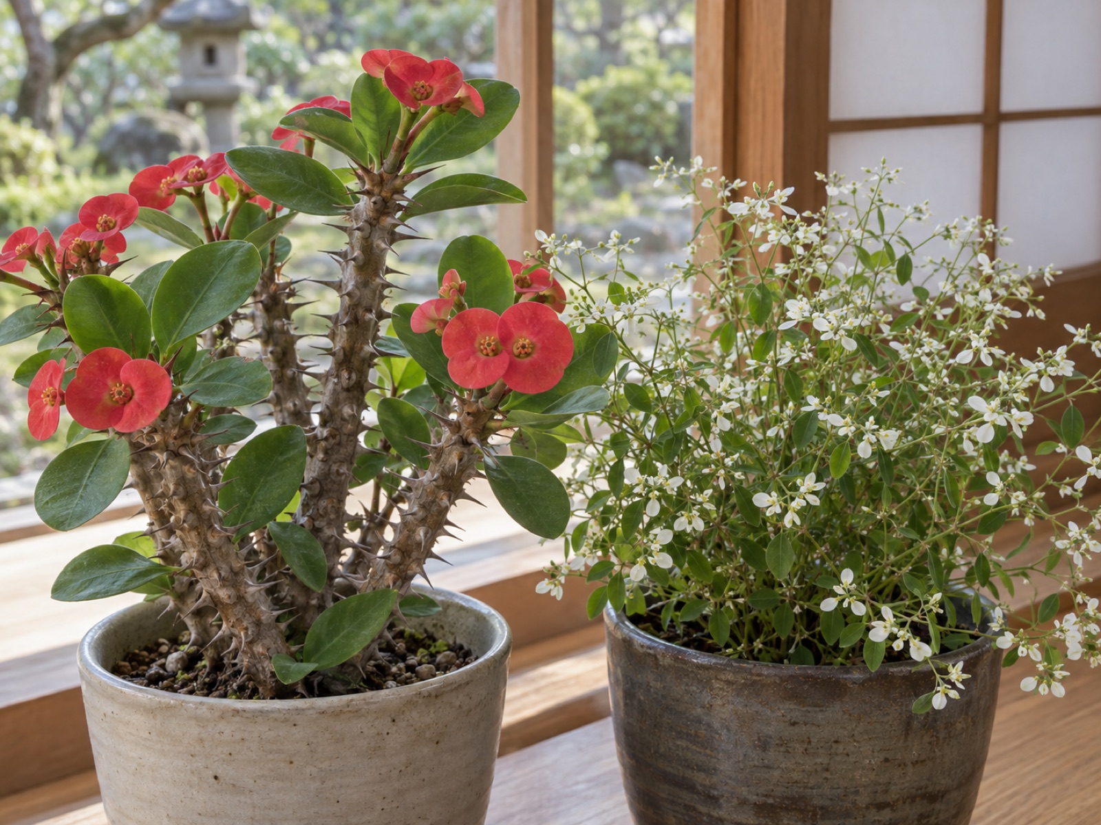 窓辺の棚に並ぶ2鉢。左は赤い2枚の苞をつけたハナキリン、右は白い小花が霧のように咲くダイアモンドフロスト