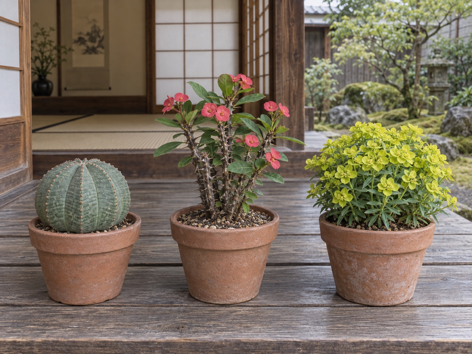 木の縁側に並んだ3鉢。左は球形で稜のあるオベサ、中央は赤い苞をつけたとげのある低木ハナキリン、右は黄緑の苞が株を覆う草花のポリクロマ