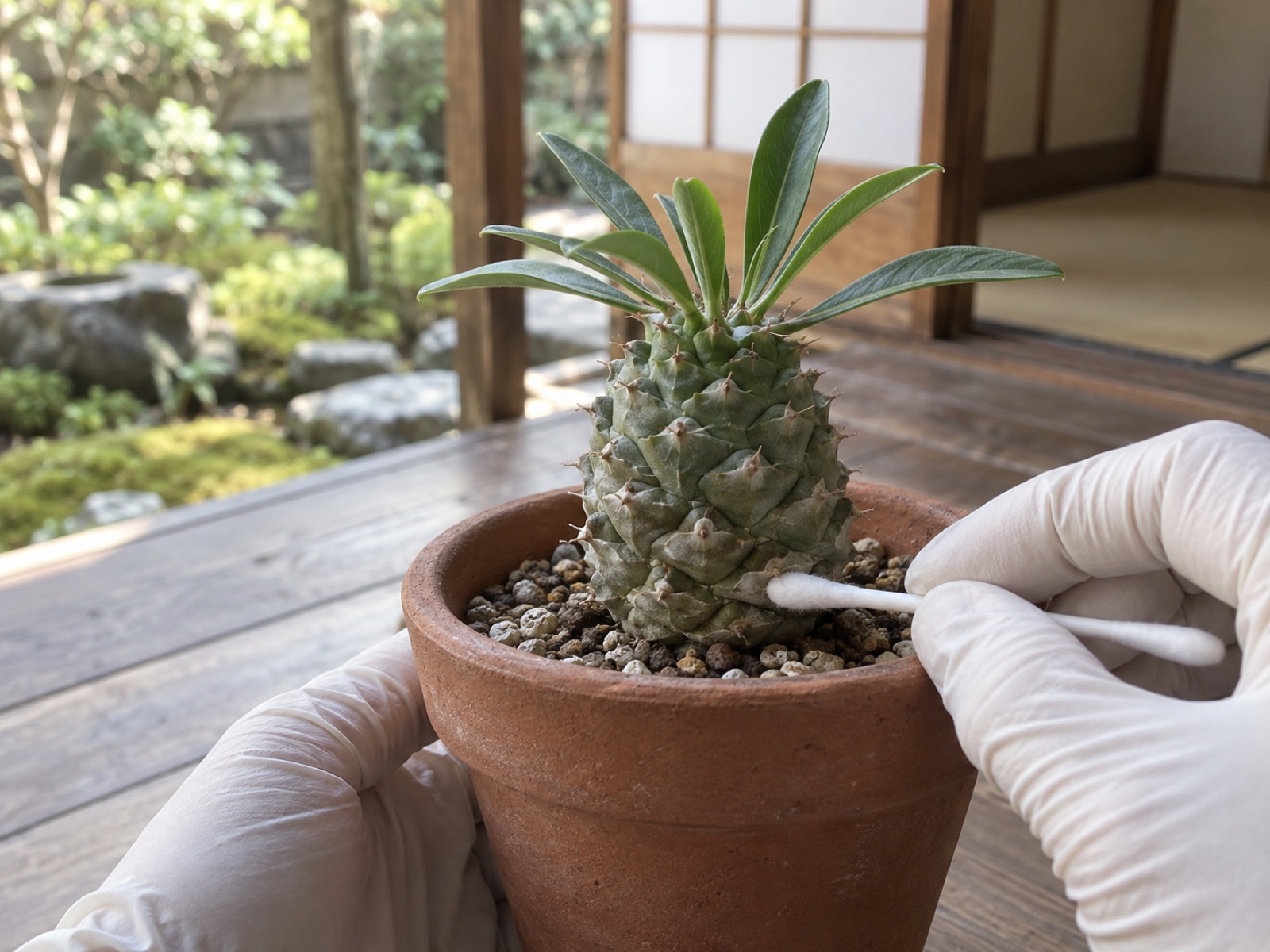 素焼き鉢の峨眉山の株元を、手袋をした手が綿棒で点検している手元のクローズアップ