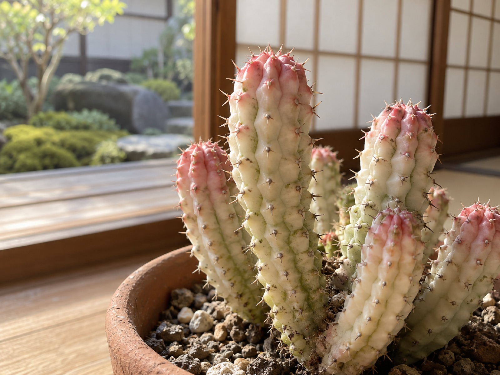 先端がピンクに色づいた白樺キリンの茎。六角形のこぶと短いとげが並ぶ