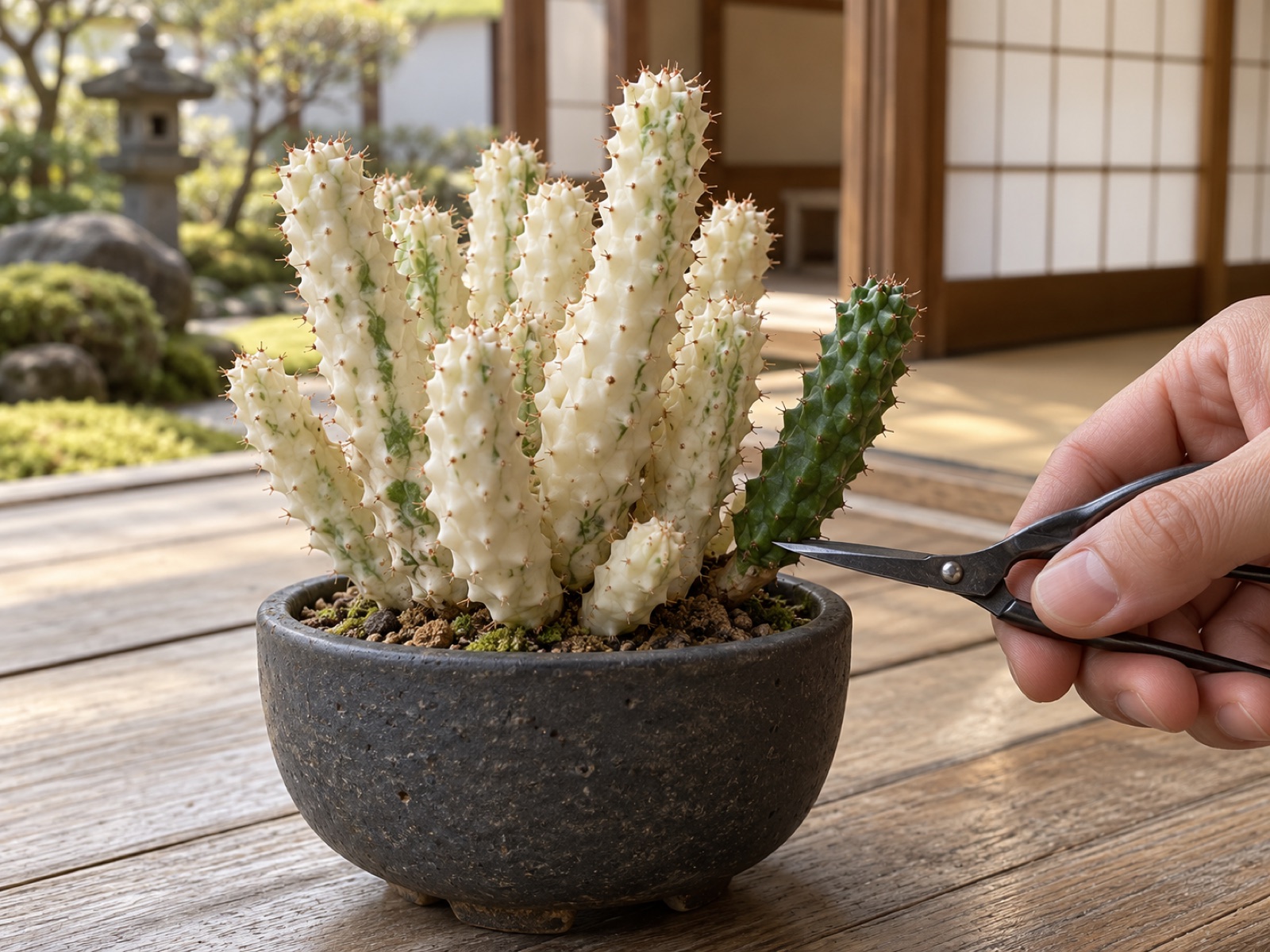 白い茎が並ぶ白樺キリンの株から、1本だけ濃い緑の茎が伸び、その付け根にはさみを当てている様子