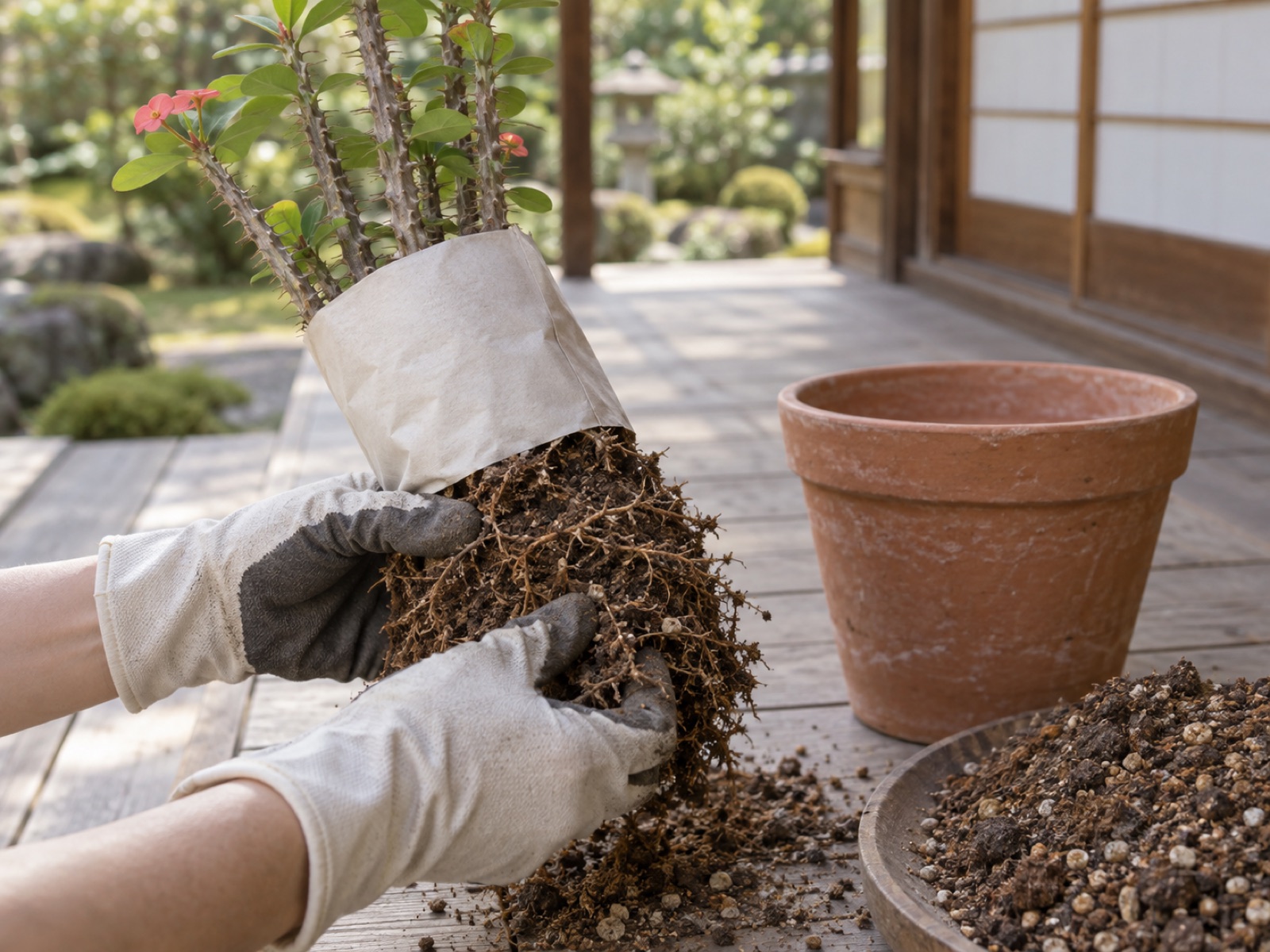 手袋をした手が、鉢から抜いたハナキリンの根鉢を崩している手元。棘のある茎は新聞紙で包まれ、横に一回り大きい素焼き鉢と乾いた用土がある