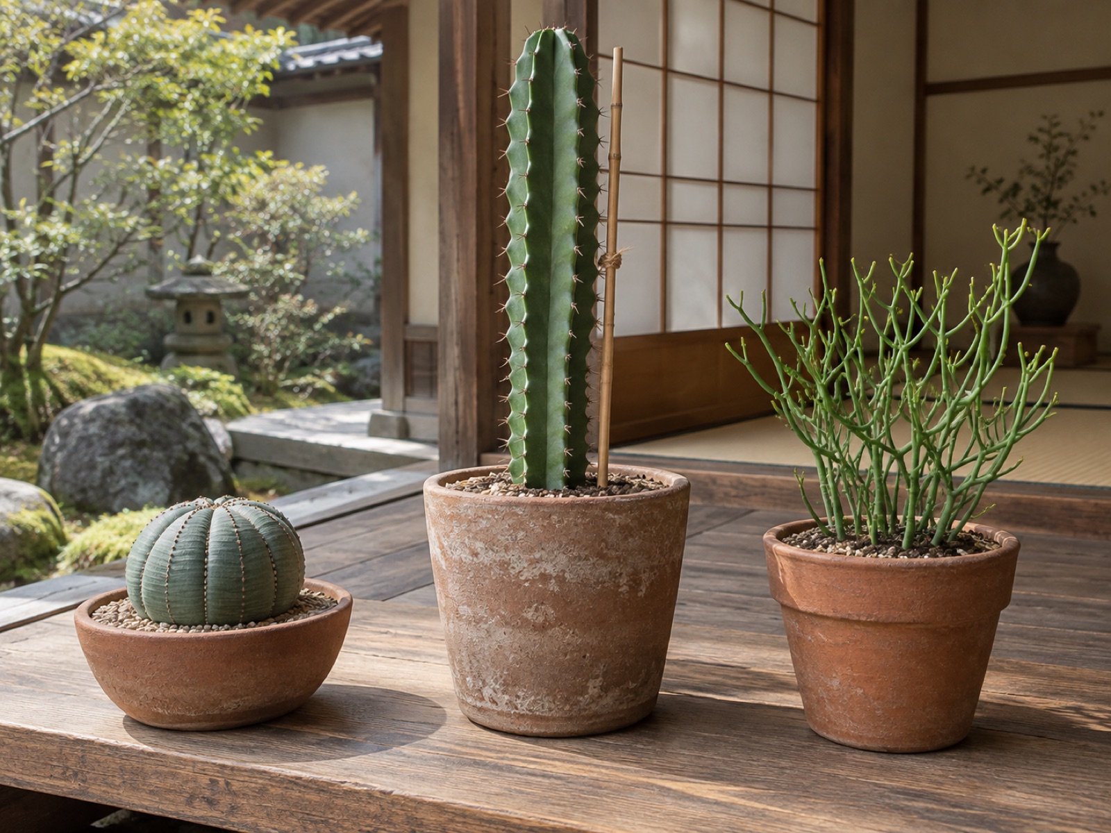 木の棚に並ぶ、浅い平鉢の球形のユーフォルビア、細い支柱を添えた柱状のユーフォルビア、細い枝を伸ばす低木のユーフォルビア