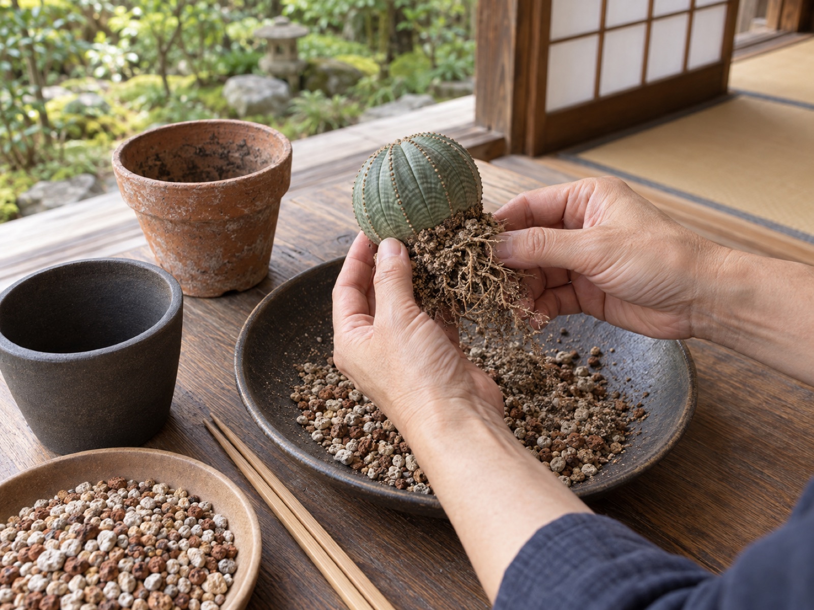 鉢から抜いたオベサの根鉢を整える手元と、乾いた用土・新しい鉢