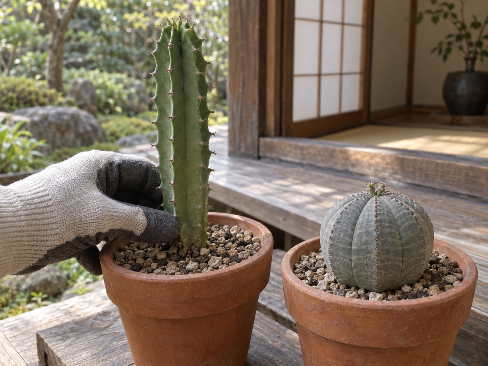 縁側の木の棚に、植え直したばかりの柱状のユーフォルビアの鉢。手袋をした手が株元を軽く支えて揺らし、根が張ったかを確かめている。隣の鉢には頂部に小さな新芽が見える球形のオベサ