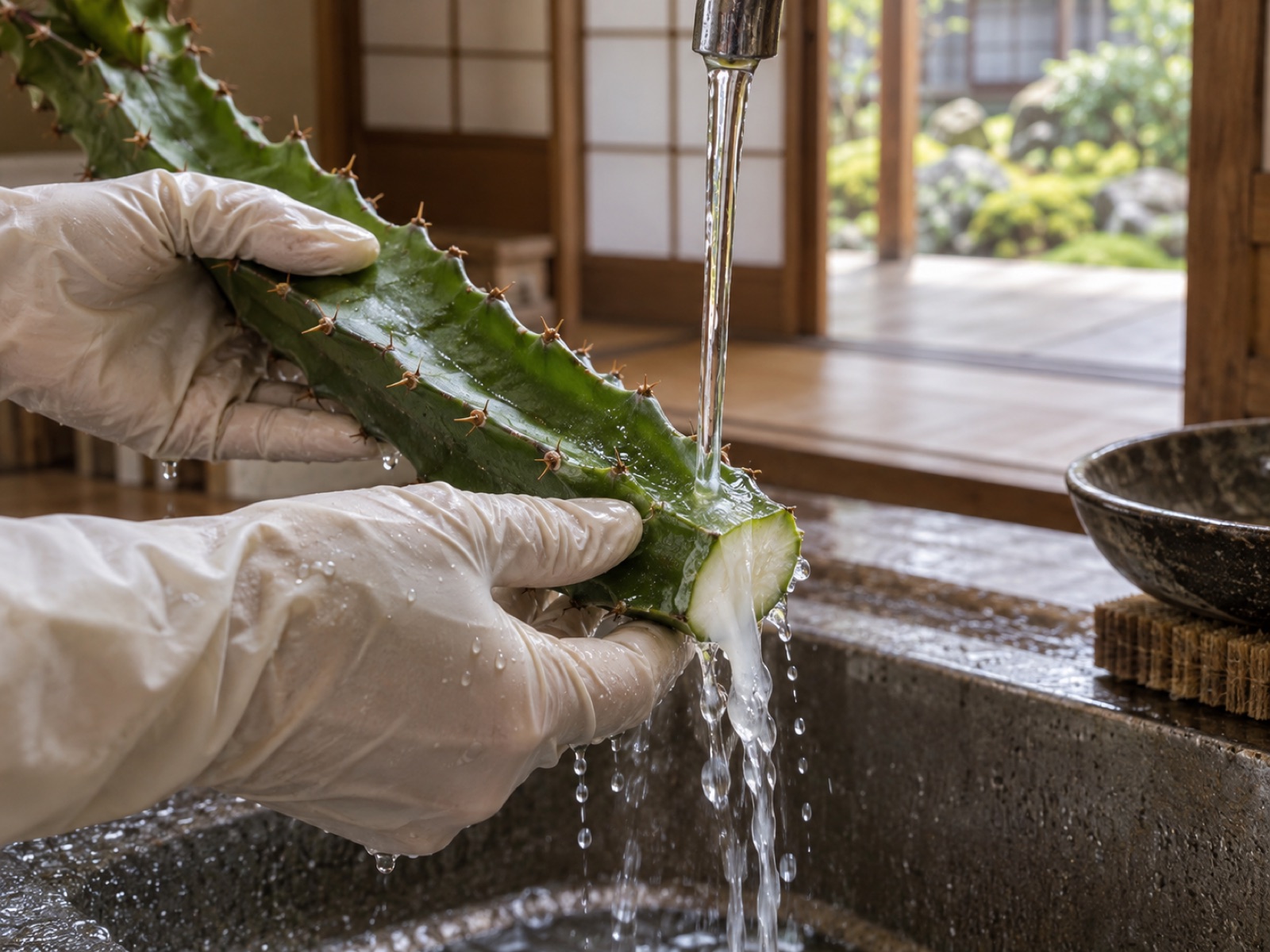 手袋をした手が、ユーフォルビアの挿し穂の切り口を蛇口の水で洗い流している