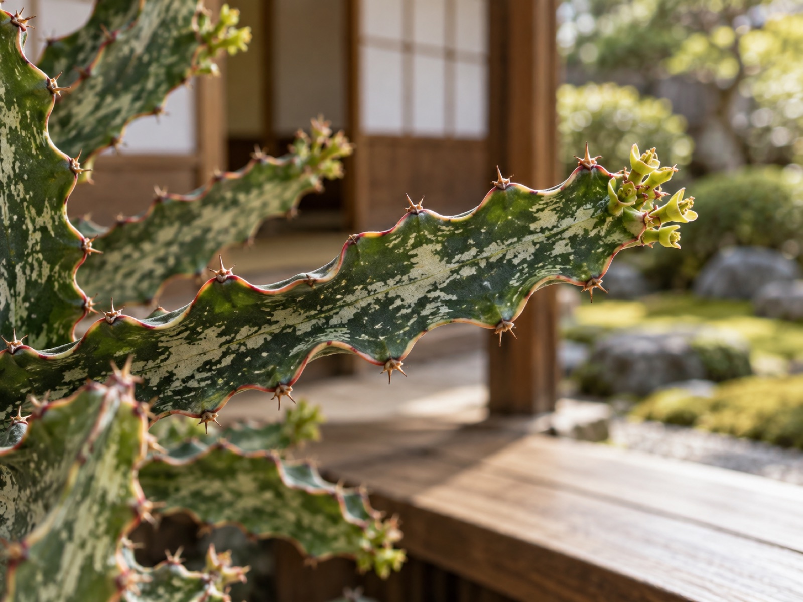 飛竜の枝の接写。縁が波打つ平たい帯状の枝に、小さな対のとげが並び、枝先に黄緑色の小さな花が咲いている